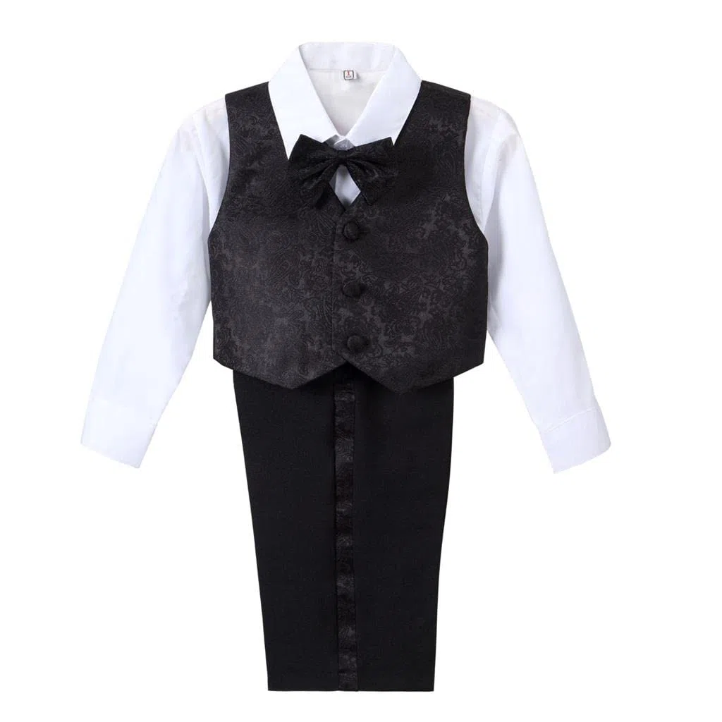 Lito Angels Smoking Completo Elegante per Bimbo Bambino, Set 5 Pezzi (Giacca, Gilet, Camicia, Papillon e Pantaloni) Nero Bianco Avorio 96 92 98 104
