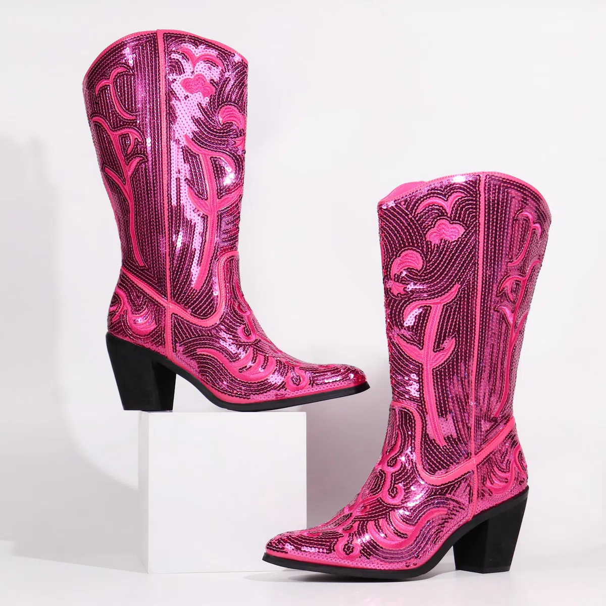 Hawkwell Stivali da cowboy da donna con paillettes, lunghezza al polpaccio, alla moda, con cerniera, punta a punta, ricamati