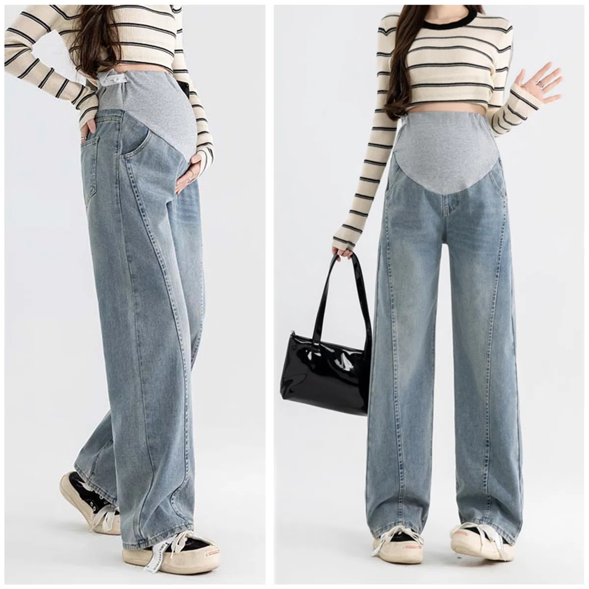 Jeans in gravidanza prima e dopo la nascita: stretta e larga, vestibilità larga, morbido denim con fascia regolabile – per donne sotto i 170 cm, con pratiche tasche