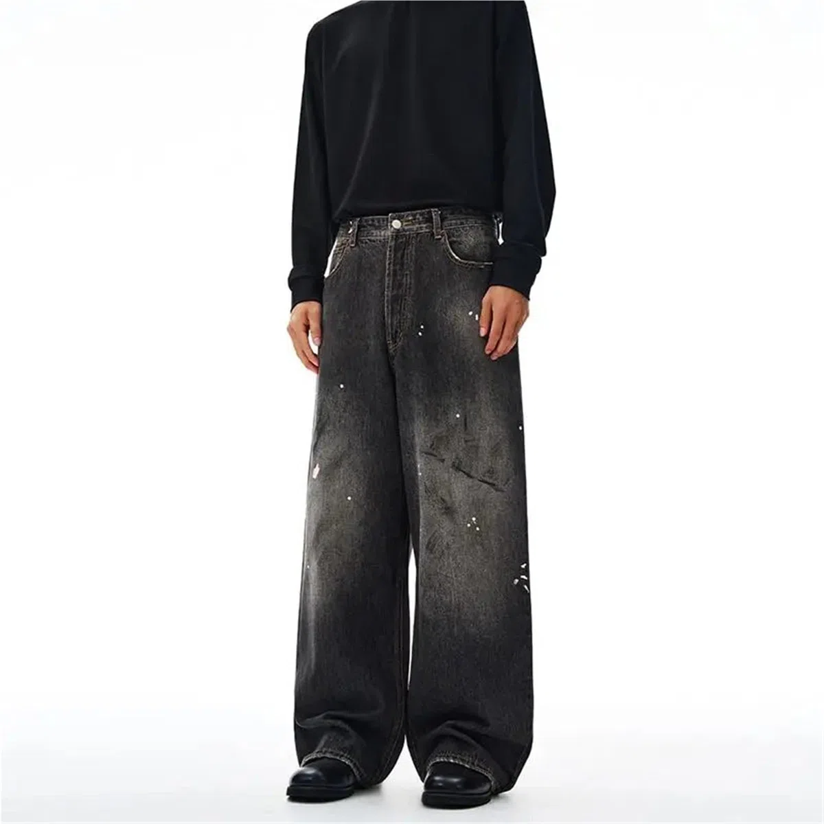 Uomini e Donne lavano Il Pavimento, Coppie Curve, Versatili, Pantaloni Lunghi Casual a Gamba Dritta, Jeans Larghi, Tinti di Sporco schizzati d'inchiostro per Il Tempo Libero E Le Vacanze