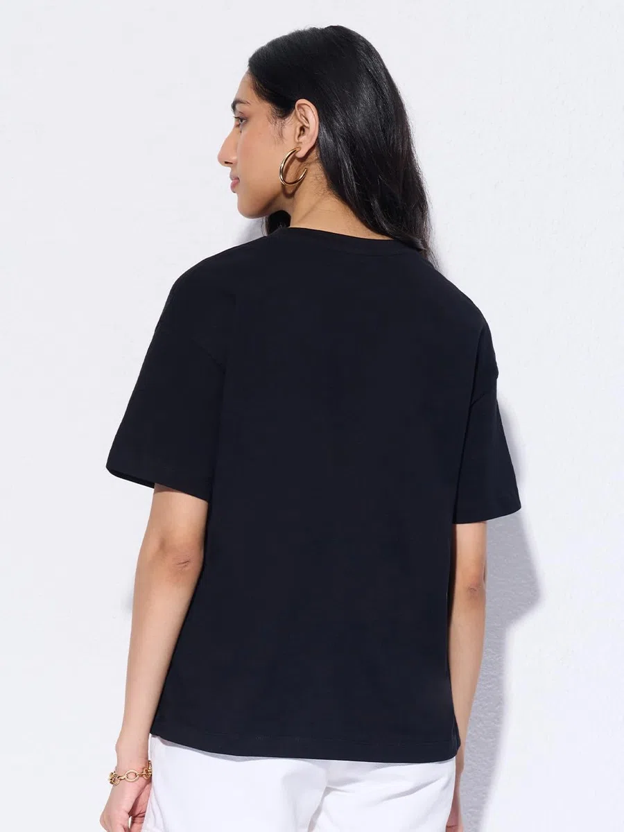 The Souled Store Looney Tunes: Space Jam T-shirt oversize da donna e ragazza a maniche corte girocollo in cotone stampato con grafica nera traspirante leggera streetwear