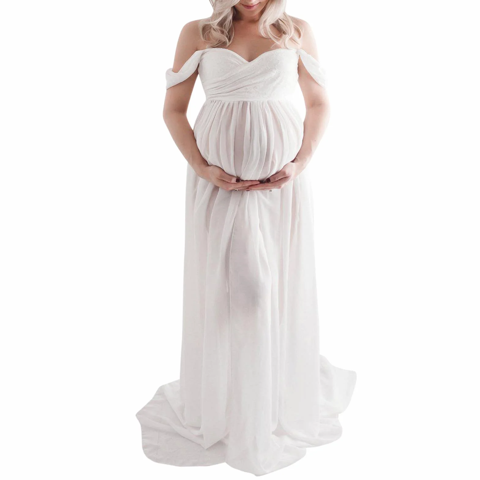 Vestito da gravidanza per servizio fotografico, abito premaman da donna, elegante, per feste, senza spalline, maxi abito split frontale, abbigliamento per maternità solido