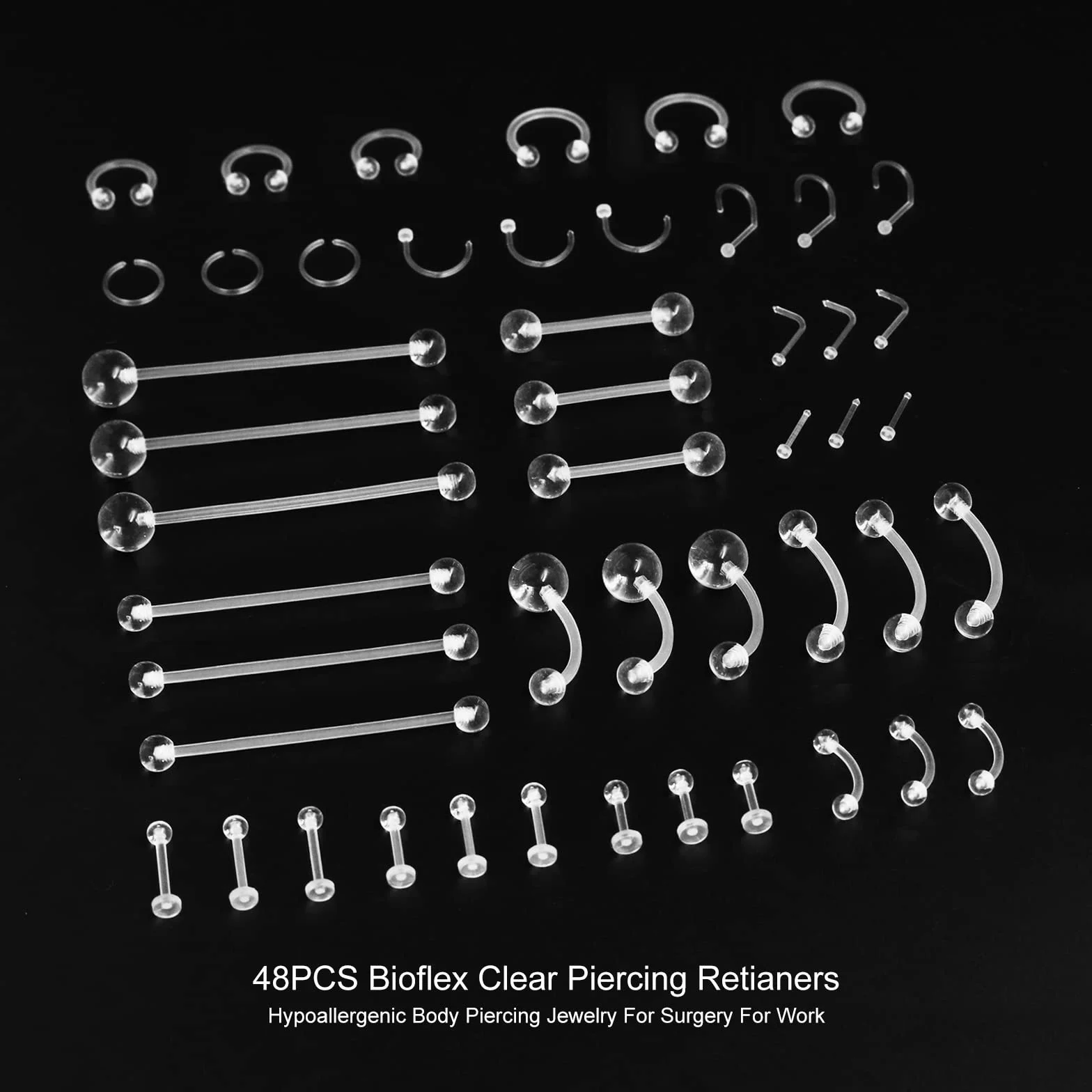 48Pz Piercing Retainer Trasparente di Bioflex Plastica per Naso Orecchio Septum Lingua Ombelico Capezzoli Silicone Teflon Piercings per Sopracciglio Labret Trago Industrial