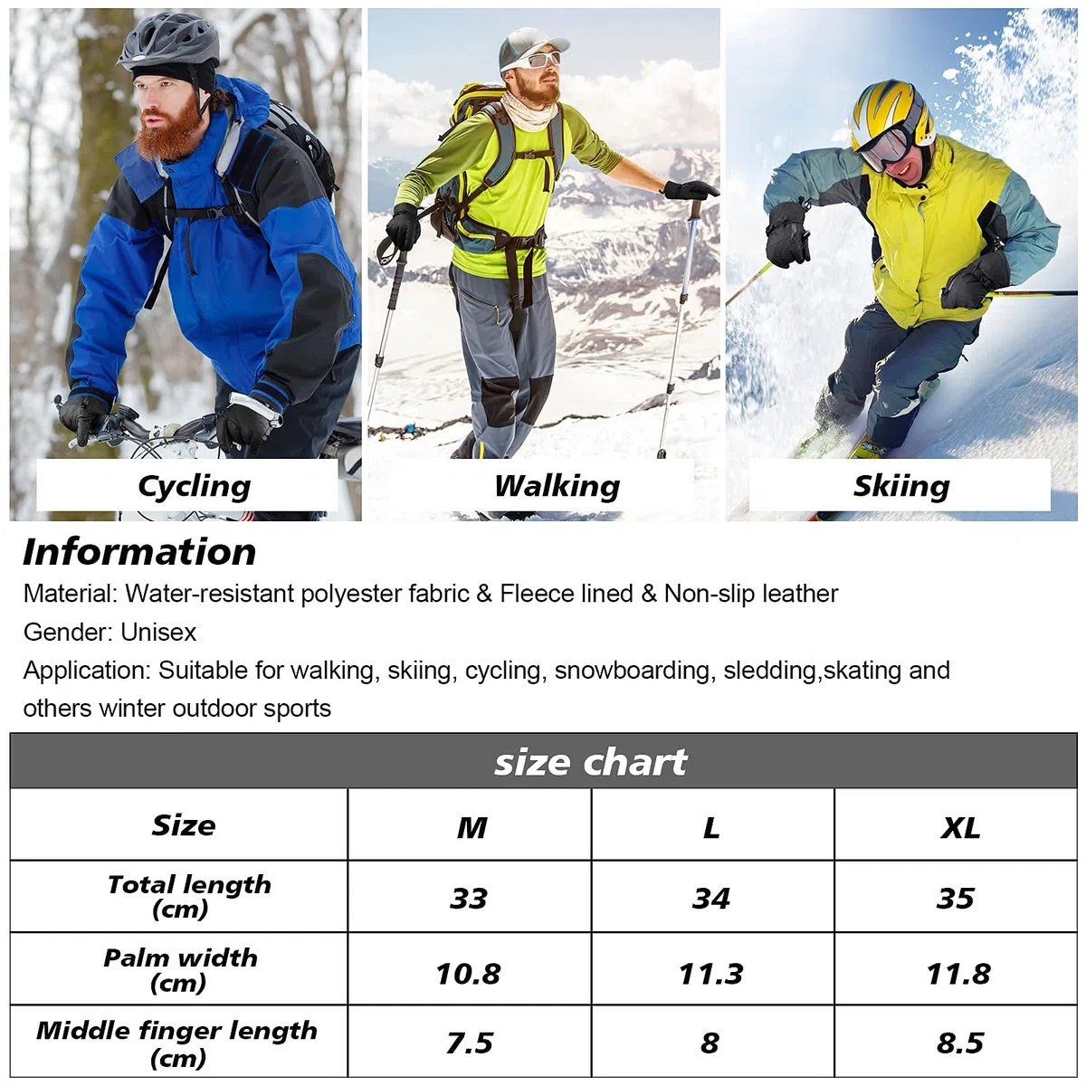 QKURT Guanti da Sci, Guanti Invernali Caldi Antivento Guanti da neve Uomo Donna per Climi Freddi per Slittino Snowboard Pattinaggio Ciclismo Corsa e Attività all'aperto