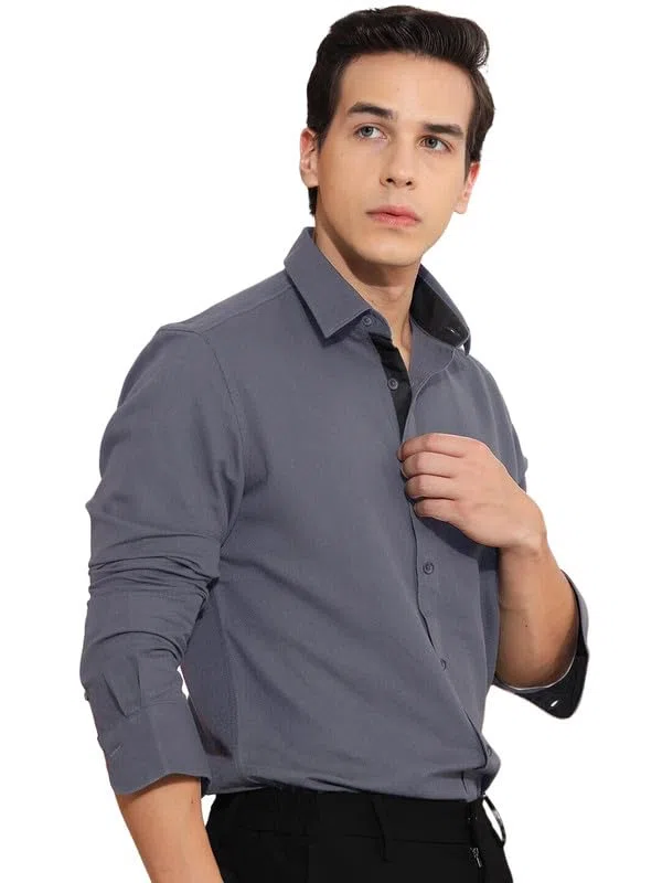 Tee Projekt Camicia da ufficio in cotone, tinta unita, da uomo, per il tempo libero, da uomo, con maniche lunghe e colletto aperto