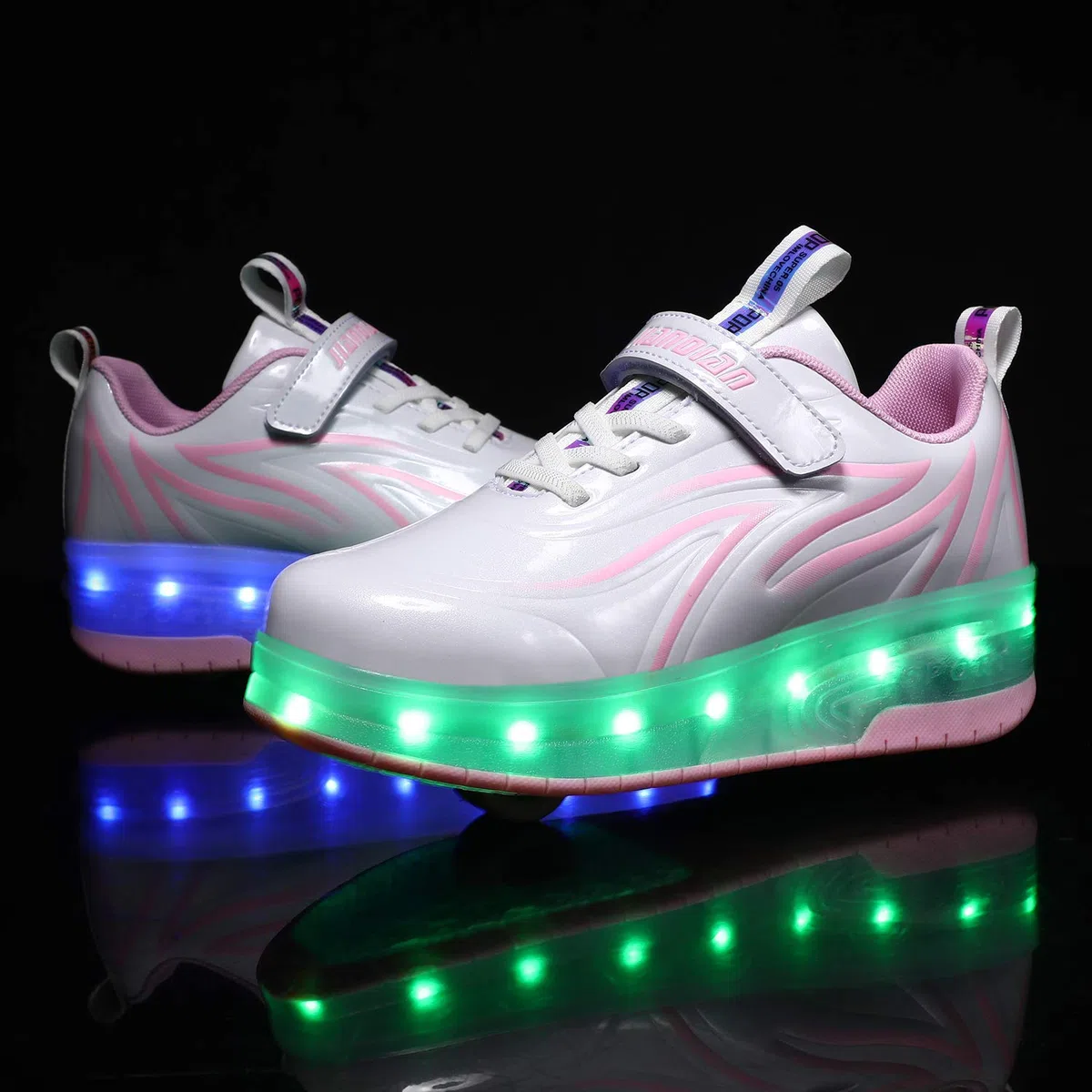 Unisex Kinder USB Wiederaufladbar/LED Licht Skateboardschuhe mit Doppelrad Rollen/Fitnessschuhe Gymnastik Outdoor Sport Running Sneaker