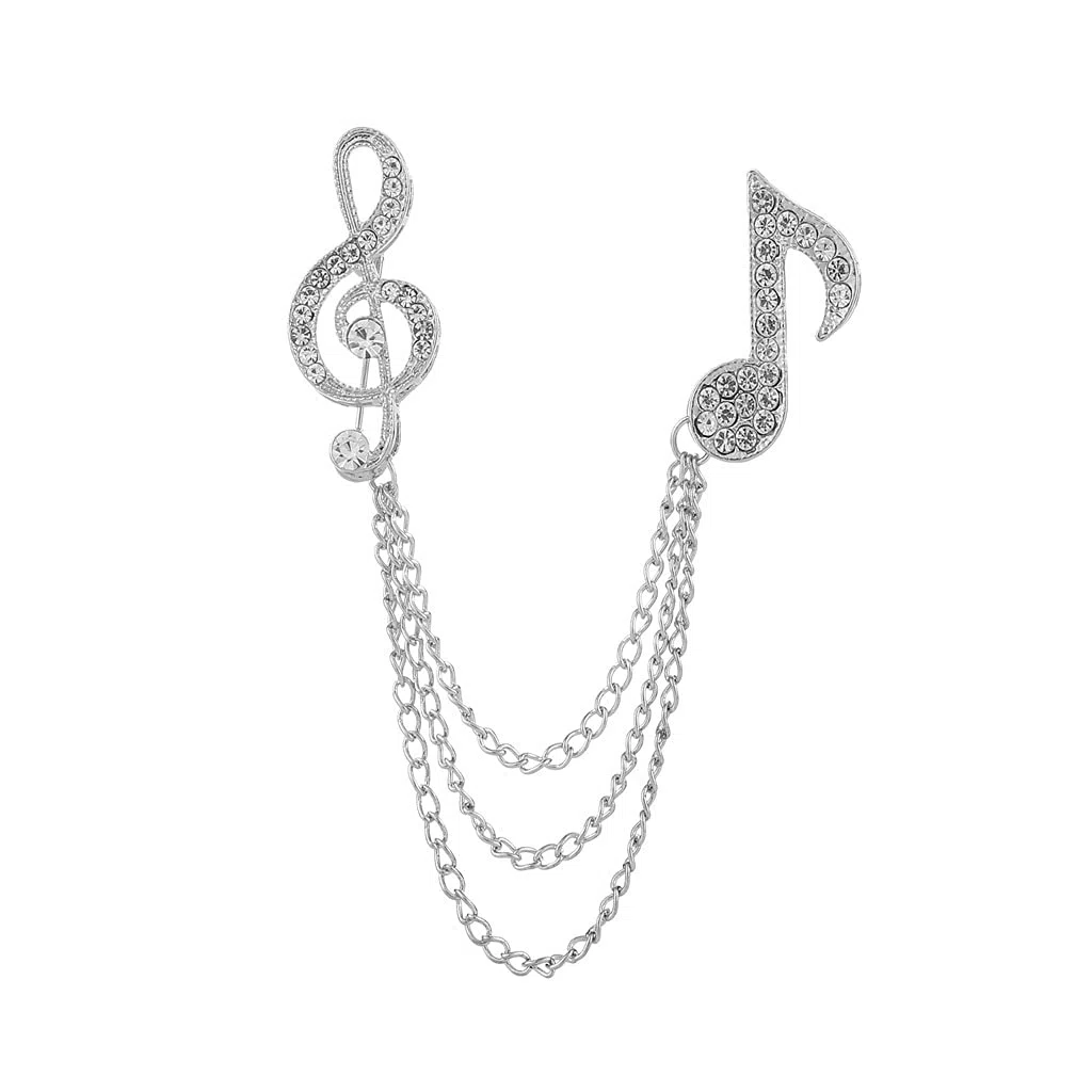 CFWSHJ Bavero Musicale Nappa in Metallo Catena Strass Nota Musicale Spilla per Uomo Abito Doppia Catena Spille da Bavero Regalo di Gioielli Musicali (Colore : Argento)