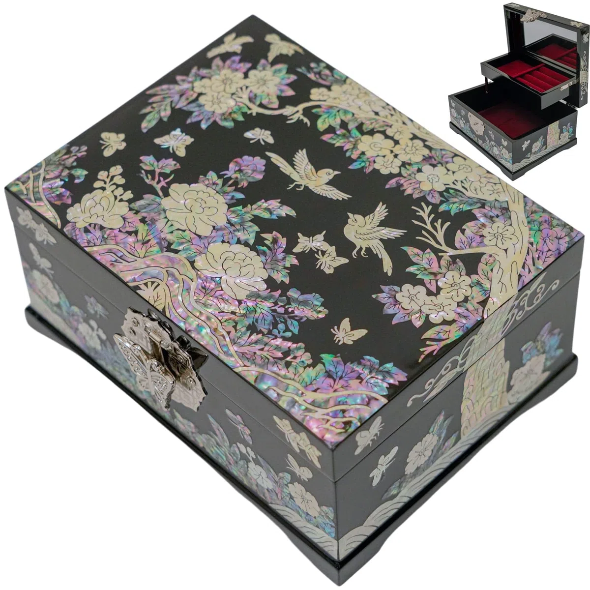 February Mountain Mother of Pearl - Scatola decorativa per gioielli a due livelli, fatta a mano, arte coreana, regalo per le donne