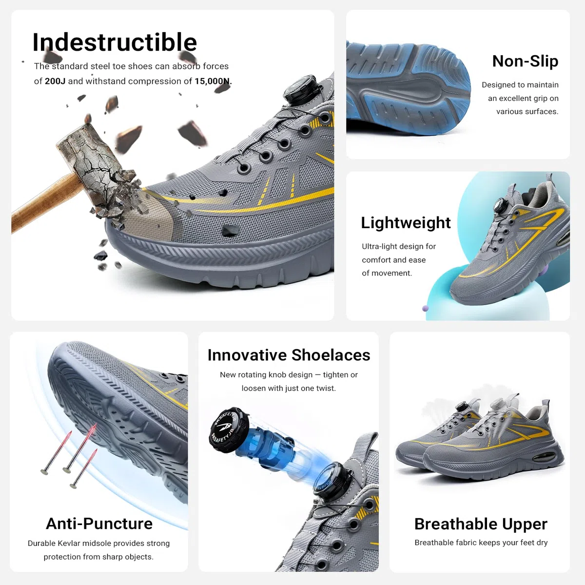 USOR Scarpe da ginnastica antinfortunistiche da uomo e da donna, con puntale in acciaio, con fibbia girevole, senza lacci, comode, leggere, con fibbia girevole, antiscivolo, scarpe da lavoro con
