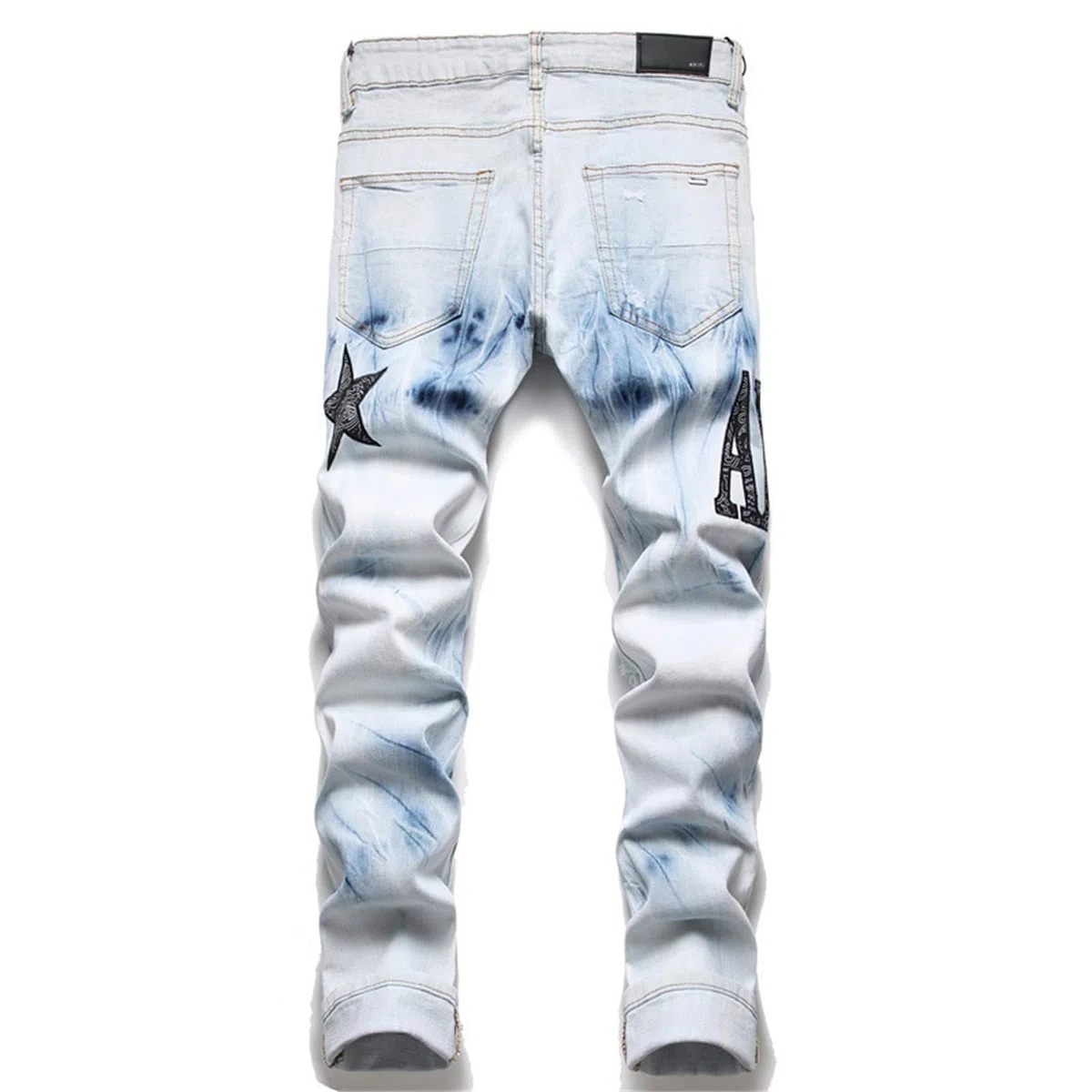Jeans Uomo Strappati Ricamo Pentagramma Stretch Pantaloni Gamba Slim Pantaloni Uomo Versatili