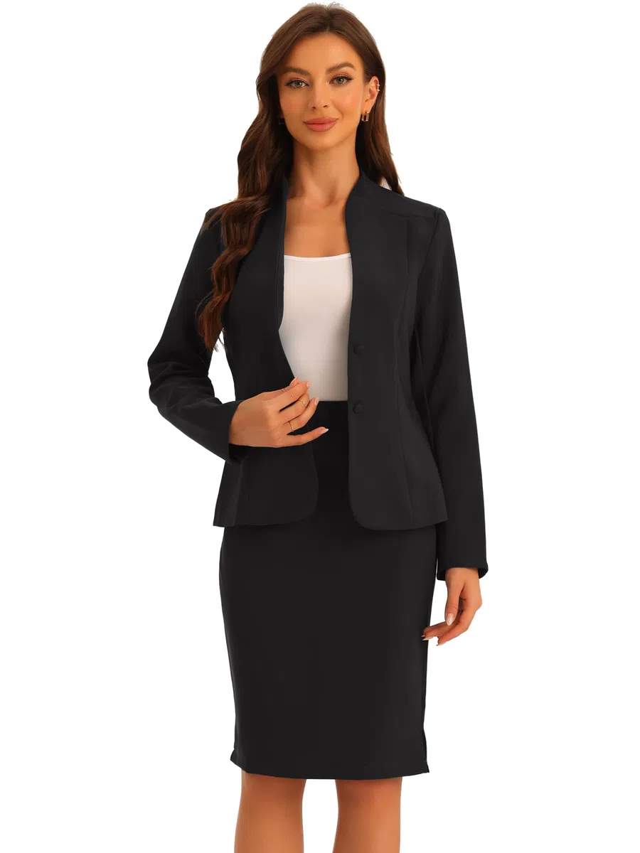 Allegra K Donna Set da Lavoro da 2 Pezzi per Blazer Senza Colletto E Abito Formale con Gonna A Tubino