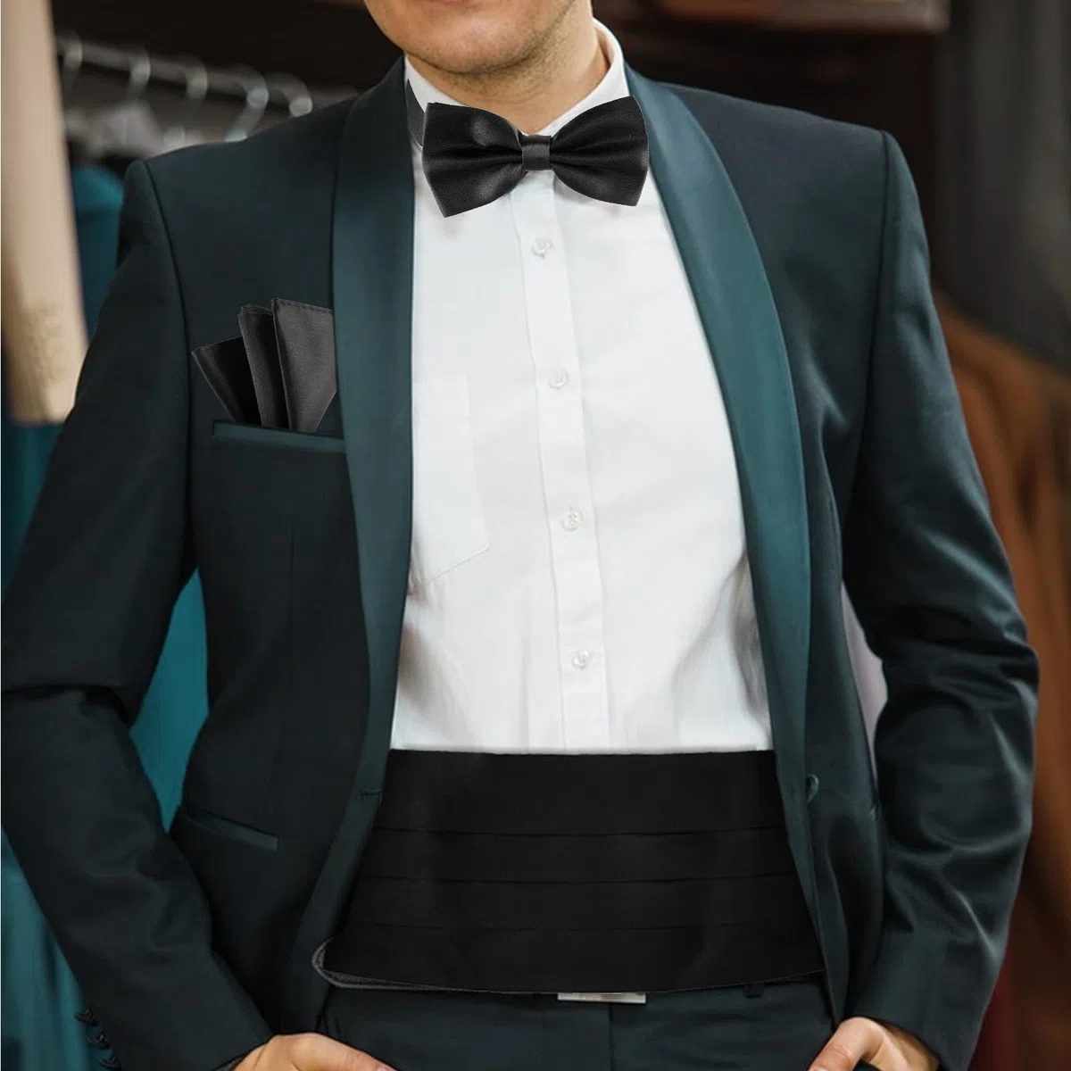 Lusofie Fascia da uomo in tinta unita nera con fascia regolabile per smoking, perfetta per matrimoni, balli ed eventi formali (nero)
