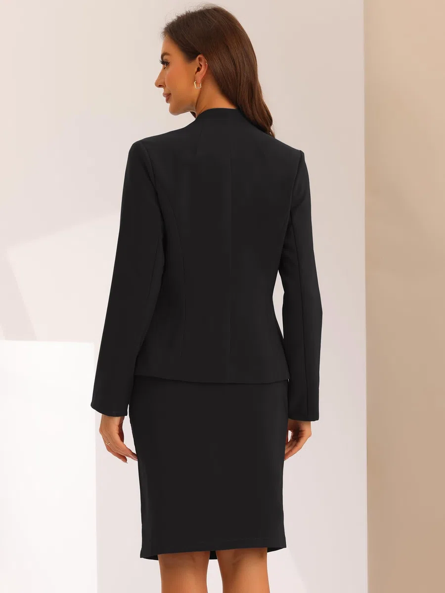 Allegra K Donna Set da Lavoro da 2 Pezzi per Blazer Senza Colletto E Abito Formale con Gonna A Tubino