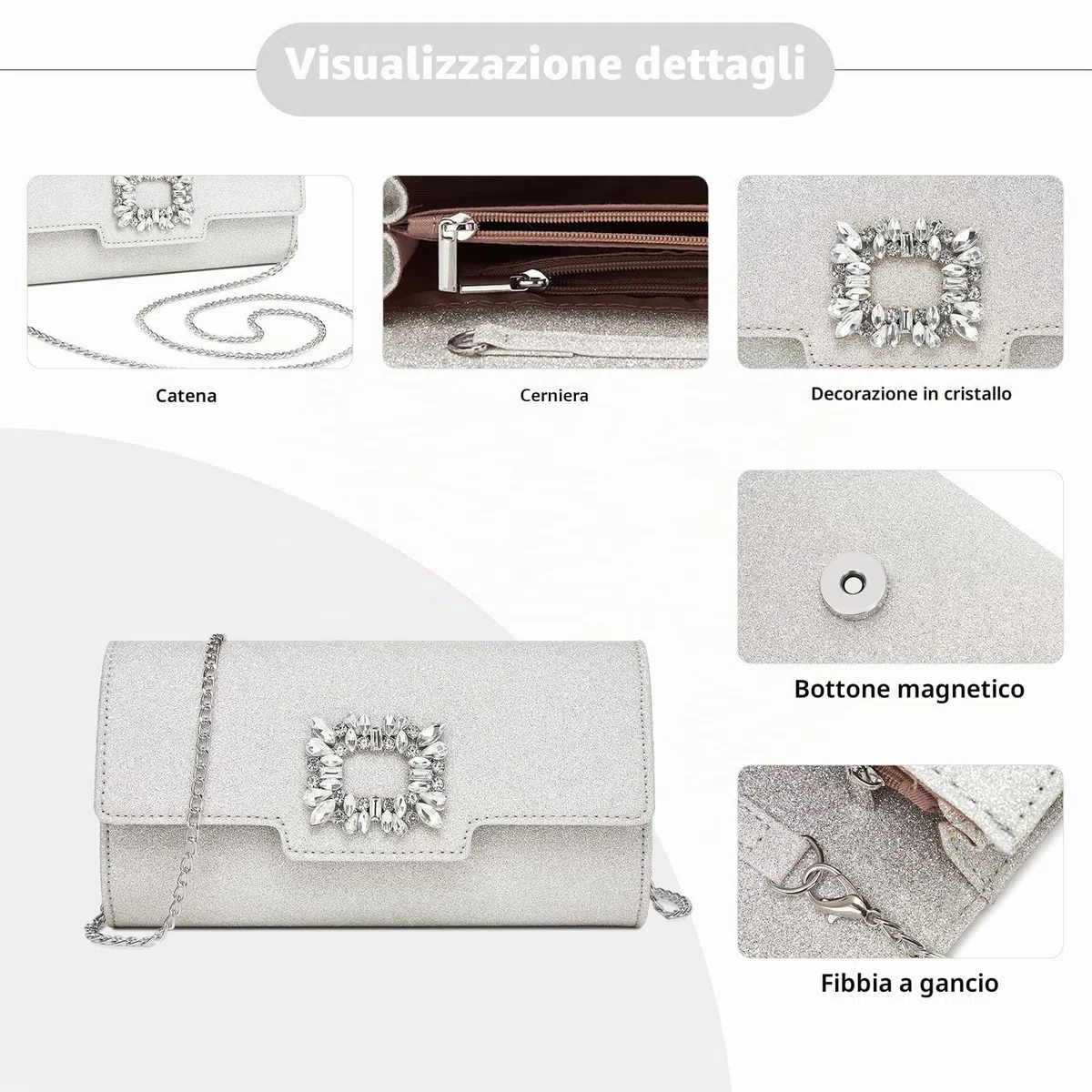 Miss Lulu Pochette Donna Elegante in Pelle Glitter, Borsette Clutch Donna Decorazioni con Strass, Borsa Tracolla Spalla Mano con Catena Removibile per Appuntamenti, Feste e Matrimoni
