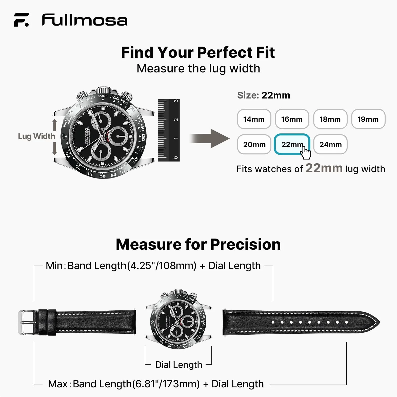 Fullmosa Cinturino per Orologio 24mm 22mm 20mm 19mm 18mm 16mm 14mm per Uomo e Donna, Sgancio Rapido, Cinturini di Ricambio in Pelle Smartwatch Compatible con Samsung Galaxy Watch/Garmin,Nero 22mm