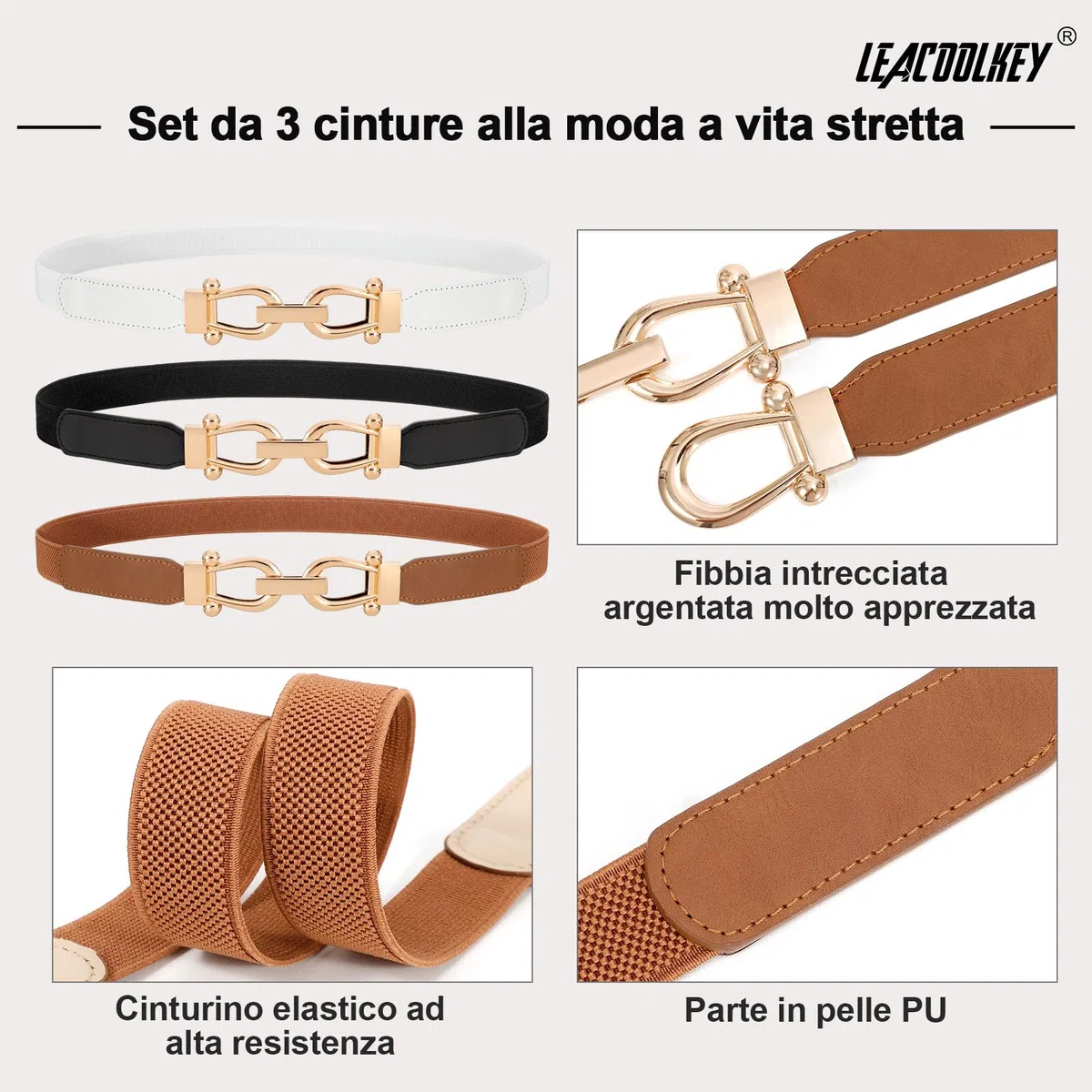 LEACOOLKEY Set da 3 cinture elastiche donna eleganti, cintura donna sottili con fibbia dorata, cintura elastica da donna in stile vintage per jeans e abiti