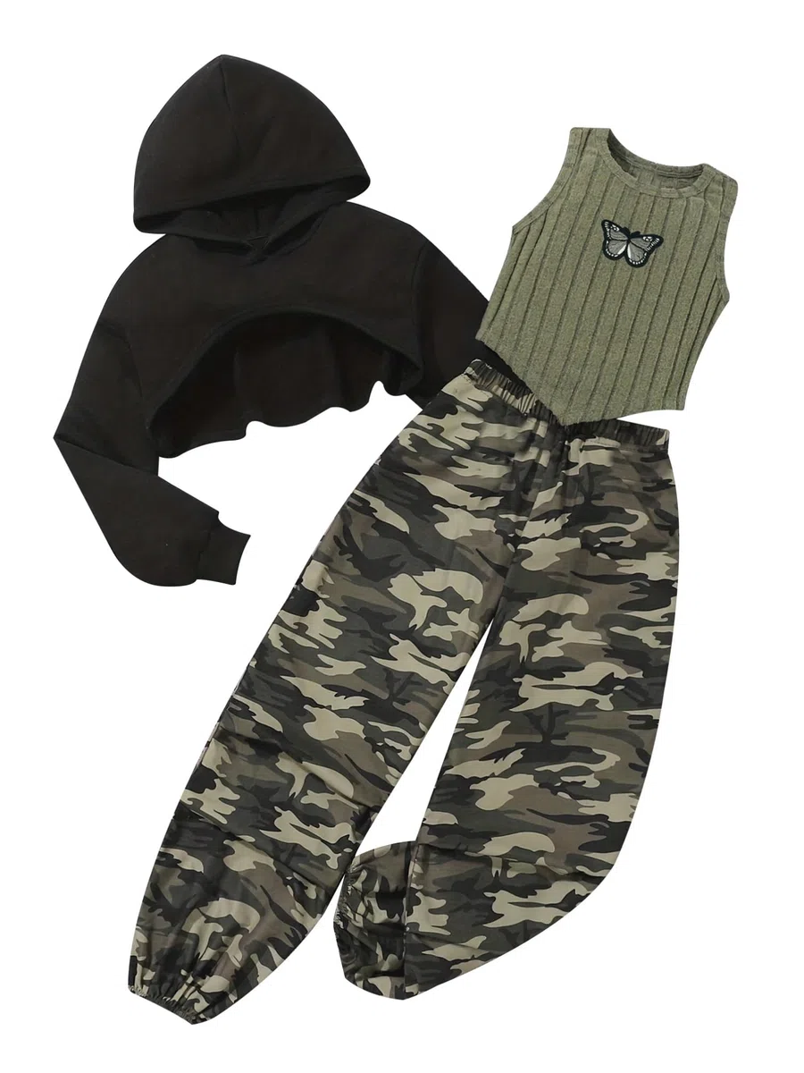 inhzoy Tuta Ginnastica Artistica Bambina 3 Pezzi Hoodie Felpa con Cappuccio + Canotta + Pantaloni Cargo Completo Sportivo da Danza Hip Hop Abito da Ballo di Strada