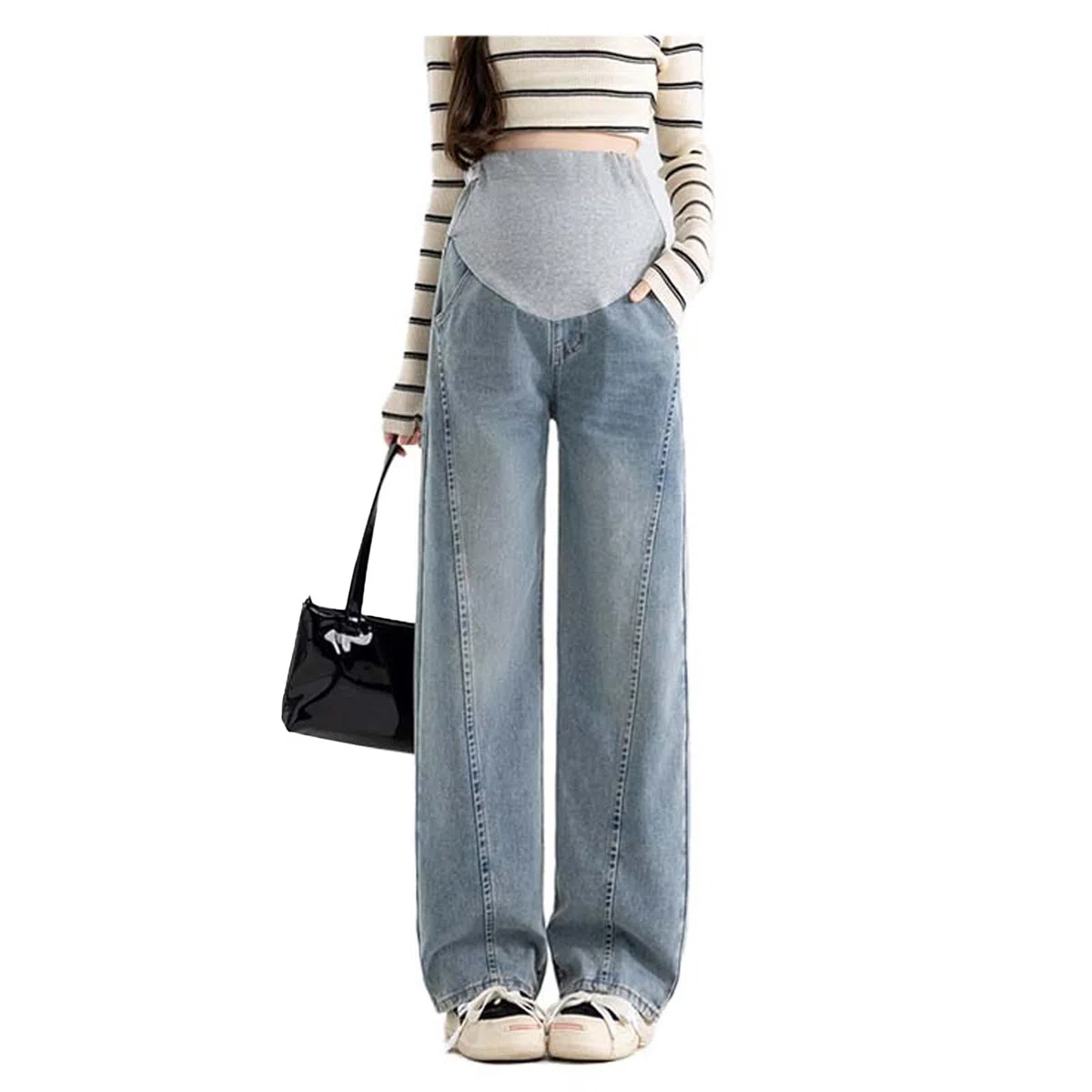 Jeans in gravidanza prima e dopo la nascita: stretta e larga, vestibilità larga, morbido denim con fascia regolabile – per donne sotto i 170 cm, con pratiche tasche