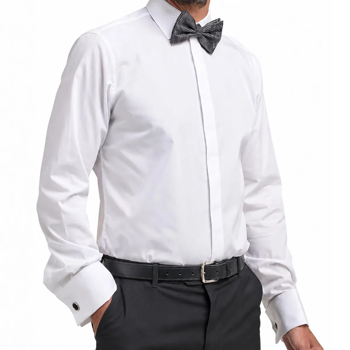 Double TWO - Camicia da smoking da uomo bianca tinta unita con doppio polsino camicia formale - vestibilità classica - colletto standard, doppia piega posteriore