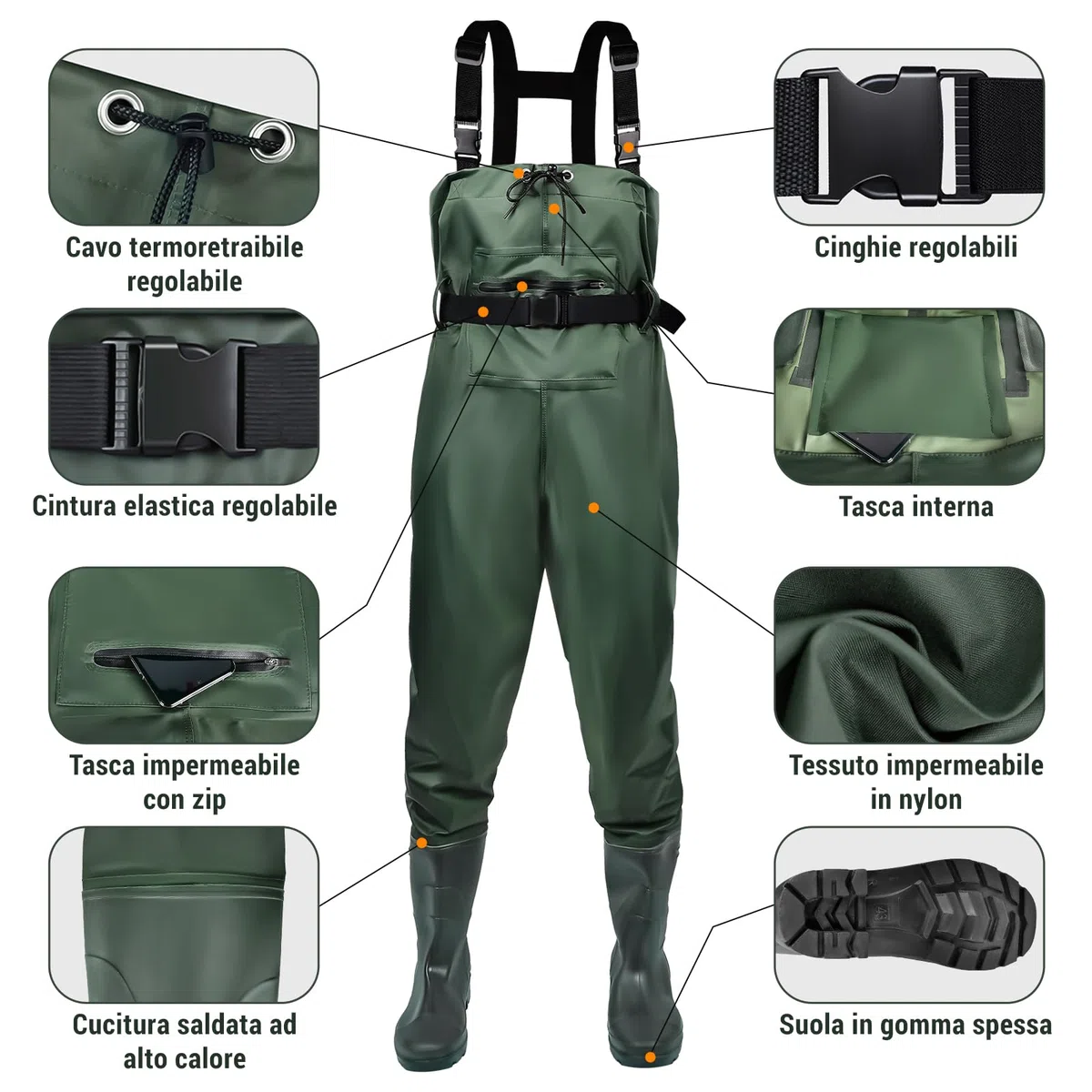 IEEILULU Waders Pesca da Uomo, Waders da Uomo con Stivali da Pesca 40-47, Waders Trampolieri da Pesca Nylon Pantaloni Impermeabili Antiscivolo Regalo per Amanti Pesca Sportiva
