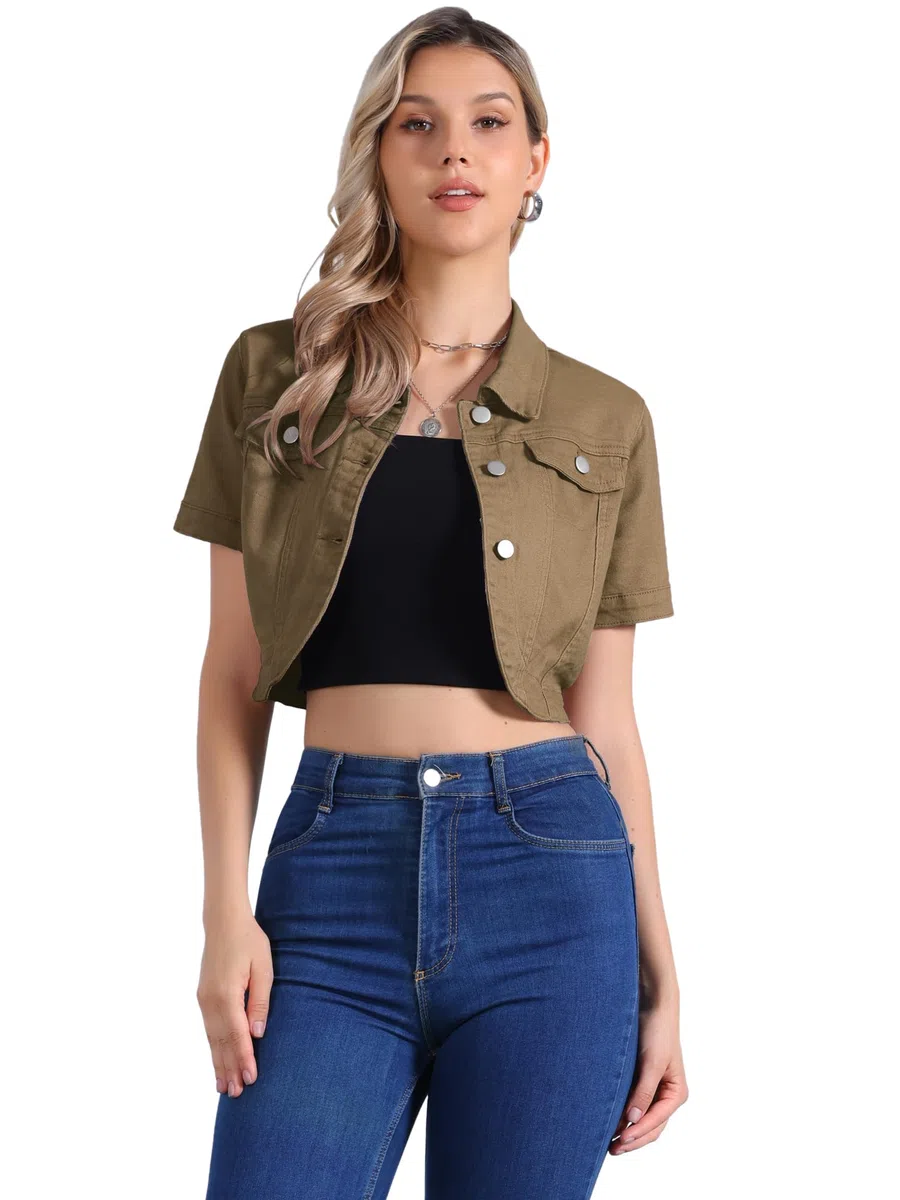 Allegra K Donna Giacca di Jeans Casual per Giacche di Jeans Corte A Maniche Corte con Colletto A Punta