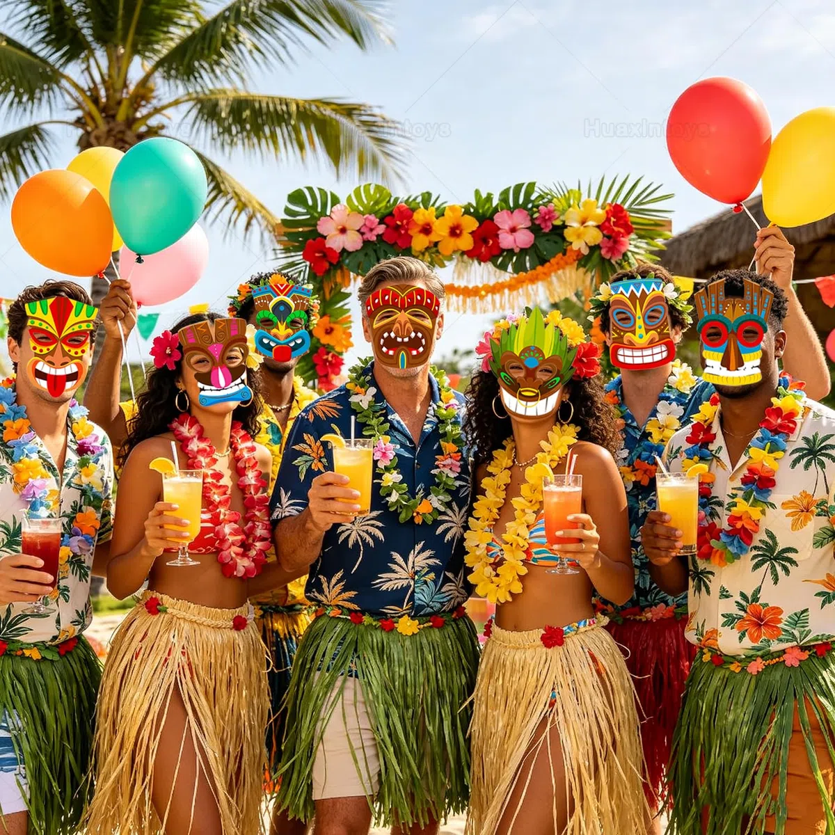 Set di 12 Maschere Tiki per Feste Hawaiane - Maschere Polinesiane Tropicali per Luau, Carnevale, Halloween, Feste in Spiaggia e Costumi