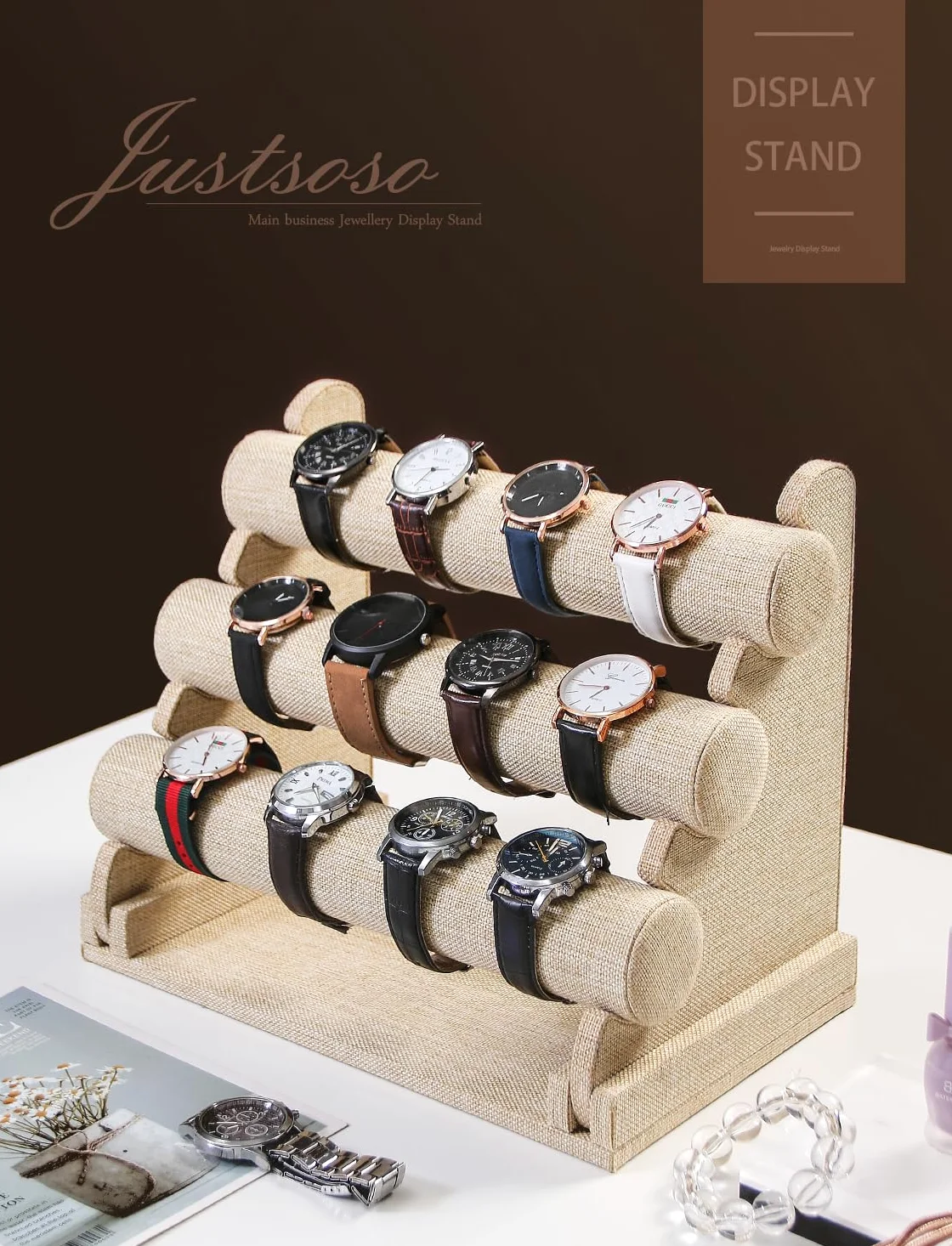 Supporto staccabile a 3 ripiani, espositore per braccialetti e gioielli, espositore per negozi e orologi, organizer per la casa o il negozio (lino giallo)