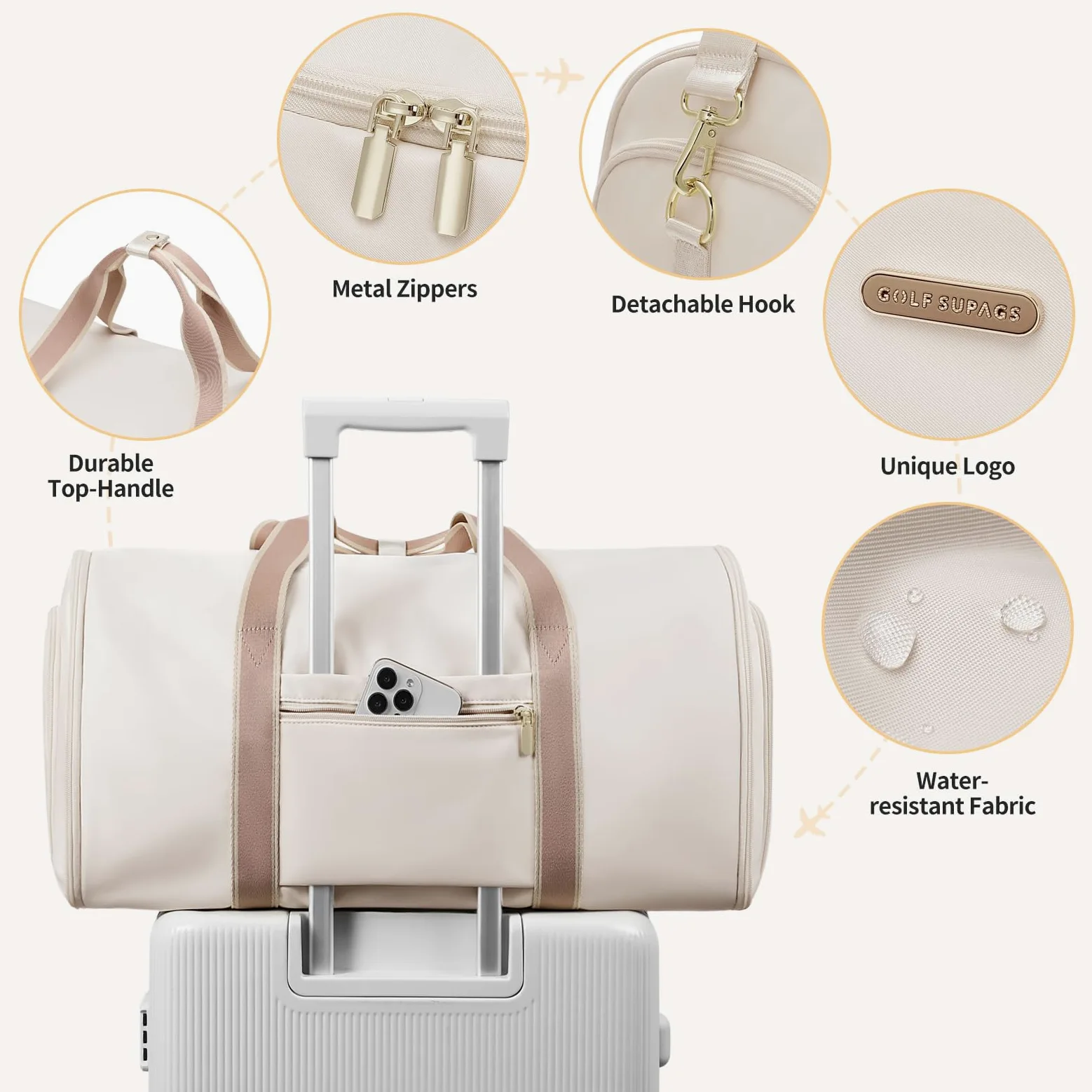 Borsa da Viaggio Convertibile 2 in 1 Borsa Sportiva da Donna con Scomparto Scarpe Borsas Porta Abiti da Viaggio Borsas per Bagagli a Mano (Beige)