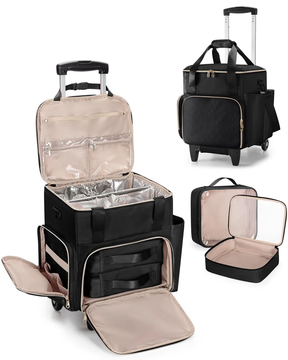 Borsa Trolley da Viaggio per Parrucchieri, Borsa Porta-Attrezzi con 2 Pochette Rimovibili e Strato Termoisolante, Valigia su Ruote per Cosmetica e Make-up, Nero