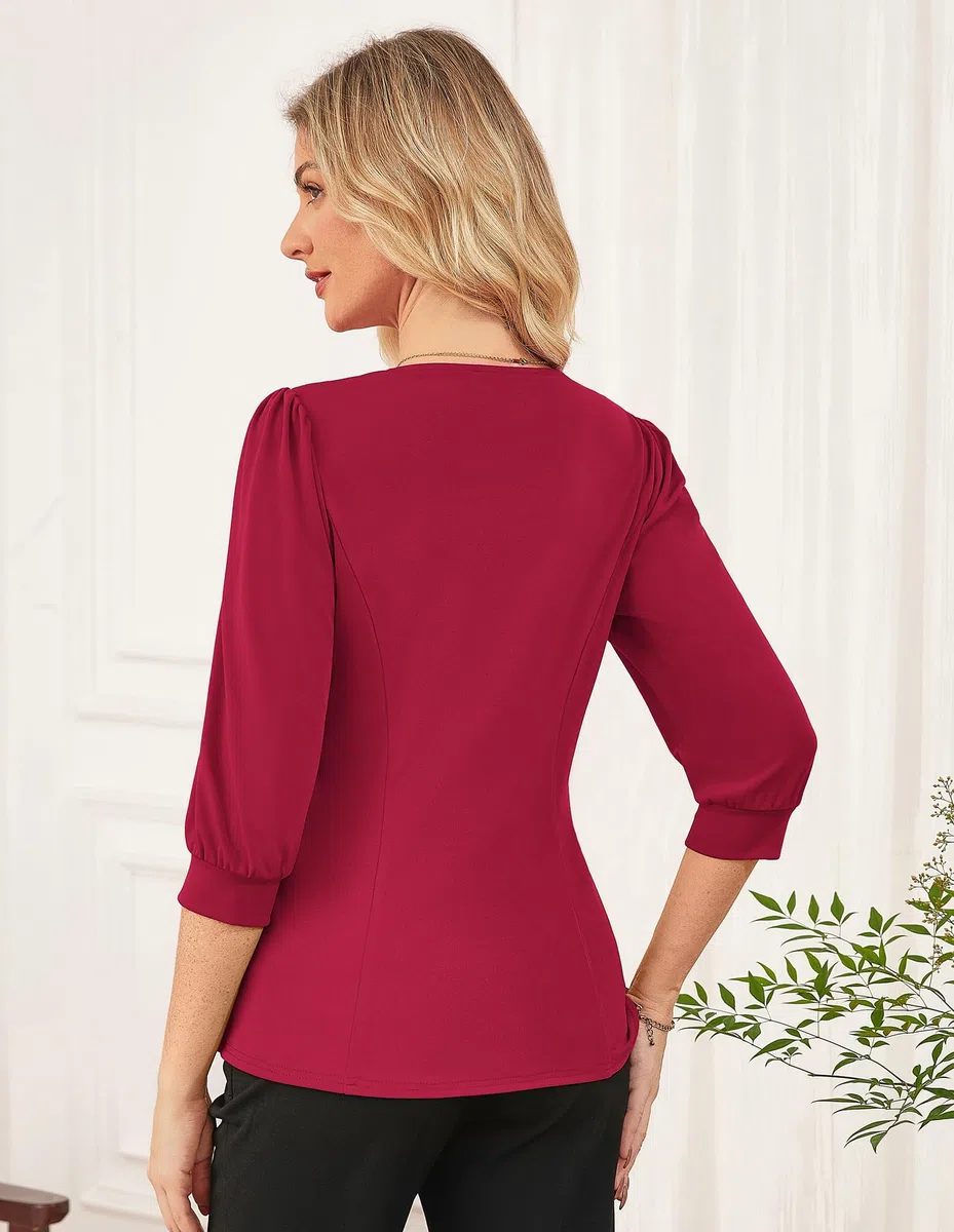 GRACE KARIN Maglietta da Donna Elegante Autunnale con Scollo a V Casual Elasticizzata con Pieghe e Maniche a Lanterna.