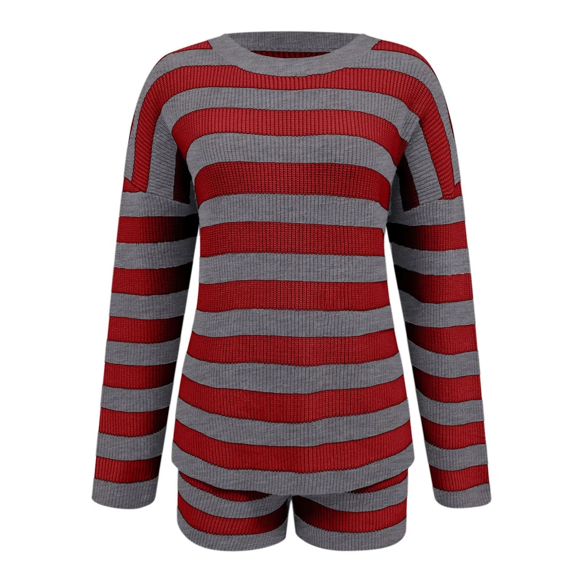 Maglione girocollo a righe con pantaloncini, comodo e casual, due pezzi, alla moda, autunno inverno