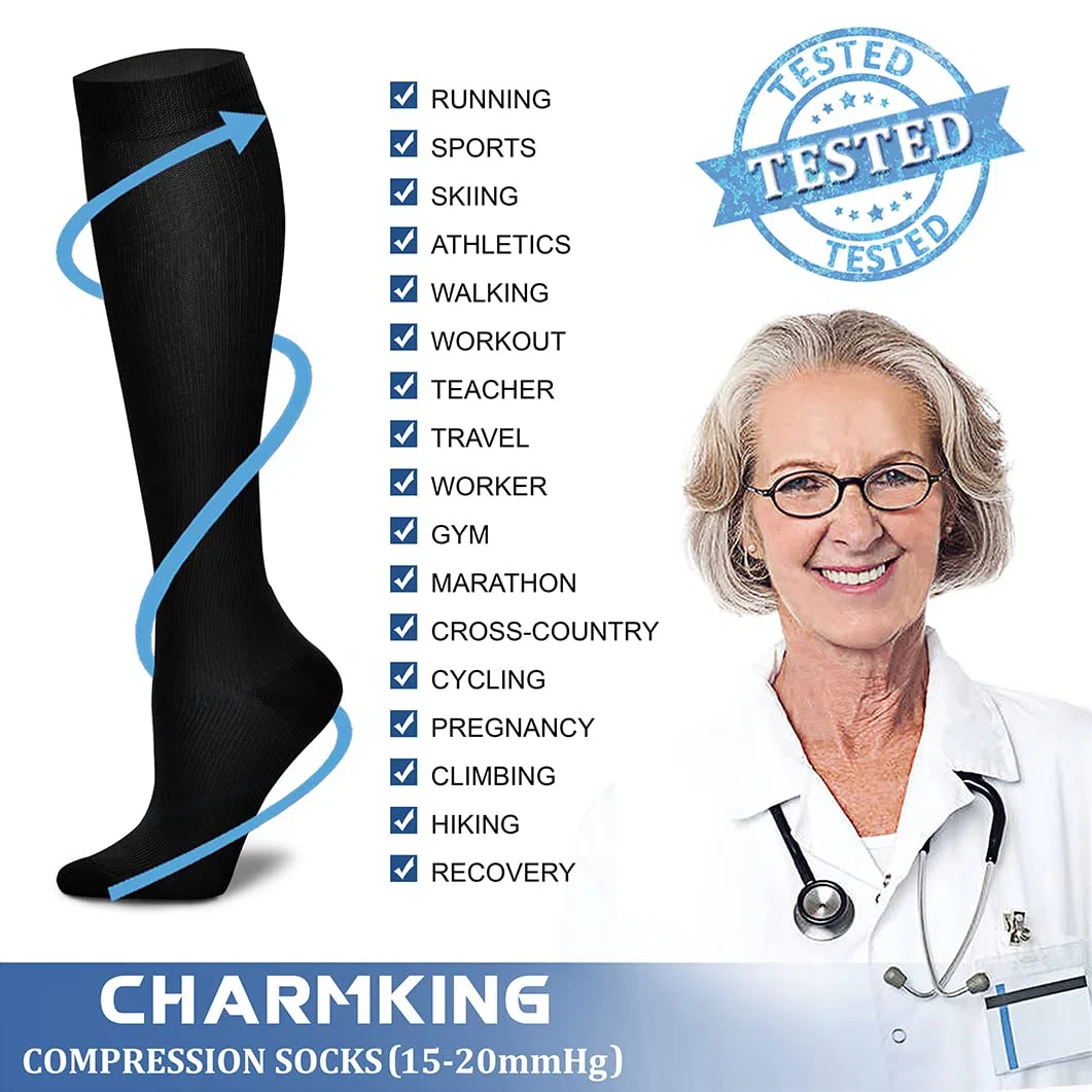 CHARMKING Calze Compressionanti Uomo Donna Circolazione 15-20mmHg Il miglior supporto per Corsa Atletica Ciclismo 8 paia di Calze, 28 nero/rosa/blu, Small/Medium
