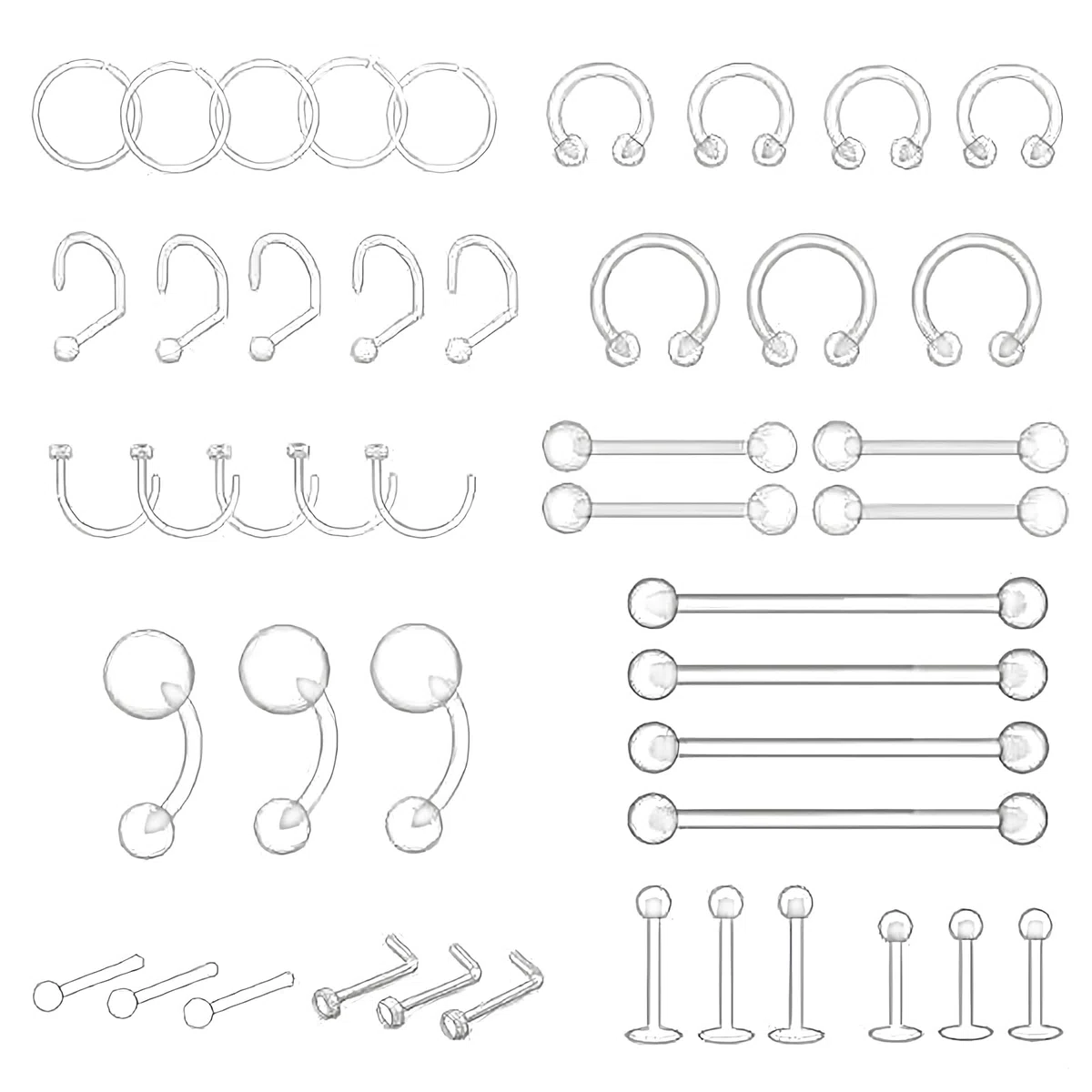 48 piercing Bioflex in plastica trasparente, Helix Septum Tragus Labret Naso Libro Lingua Capezzolo per MRI, 14G 16G 20G gioielli industriale