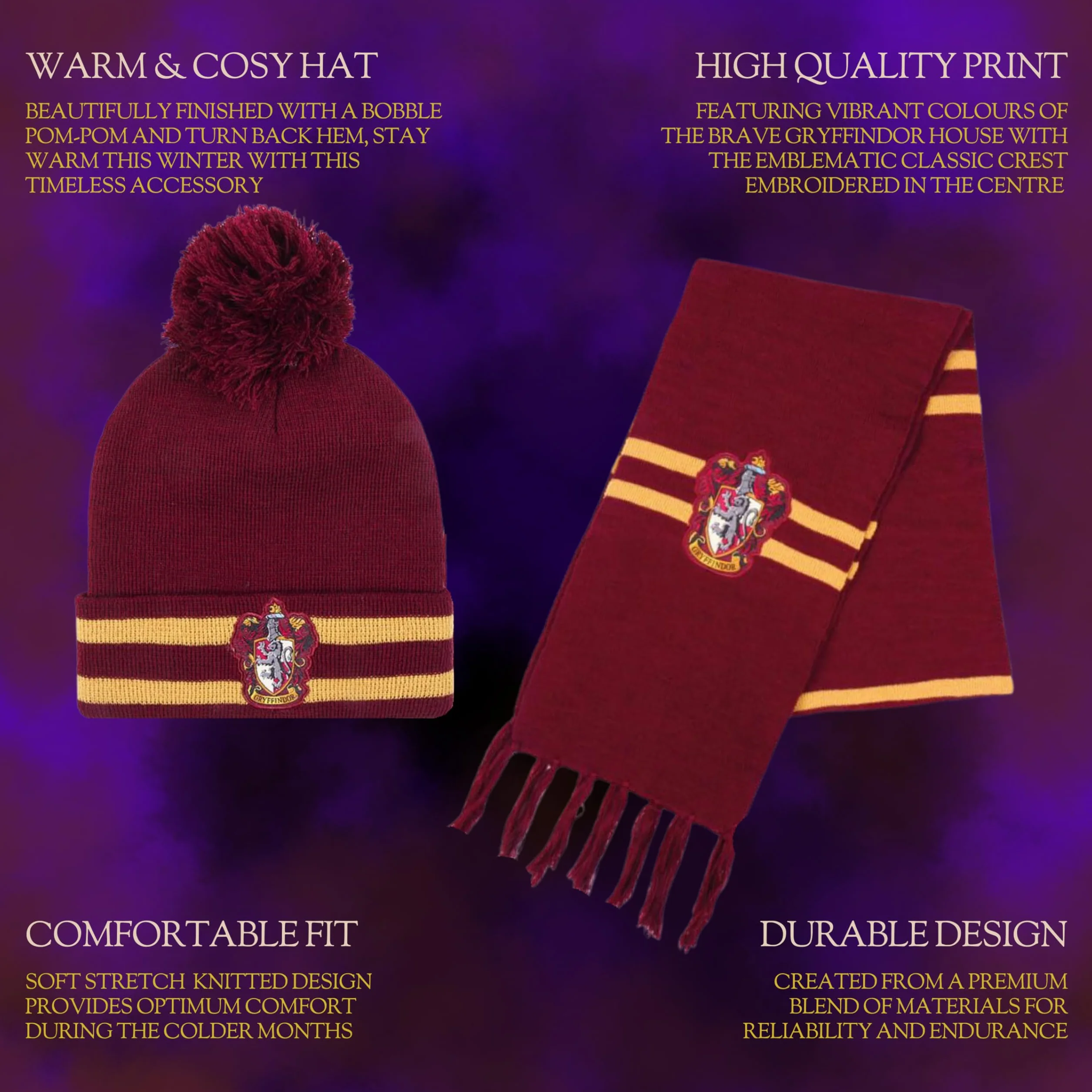 Harry Potter Cappello e Sciarpa, Set Invernale per Bambini e Ragazzi, Cappello e Sciarpa di Hogwarts Grifondoro Serpeverde Corvonero e Tassorosso, Accessori Invernali