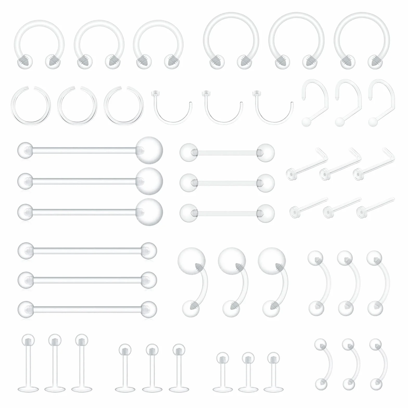 48Pz Piercing Retainer Trasparente di Bioflex Plastica per Naso Orecchio Septum Lingua Ombelico Capezzoli Silicone Teflon Piercings per Sopracciglio Labret Trago Industrial