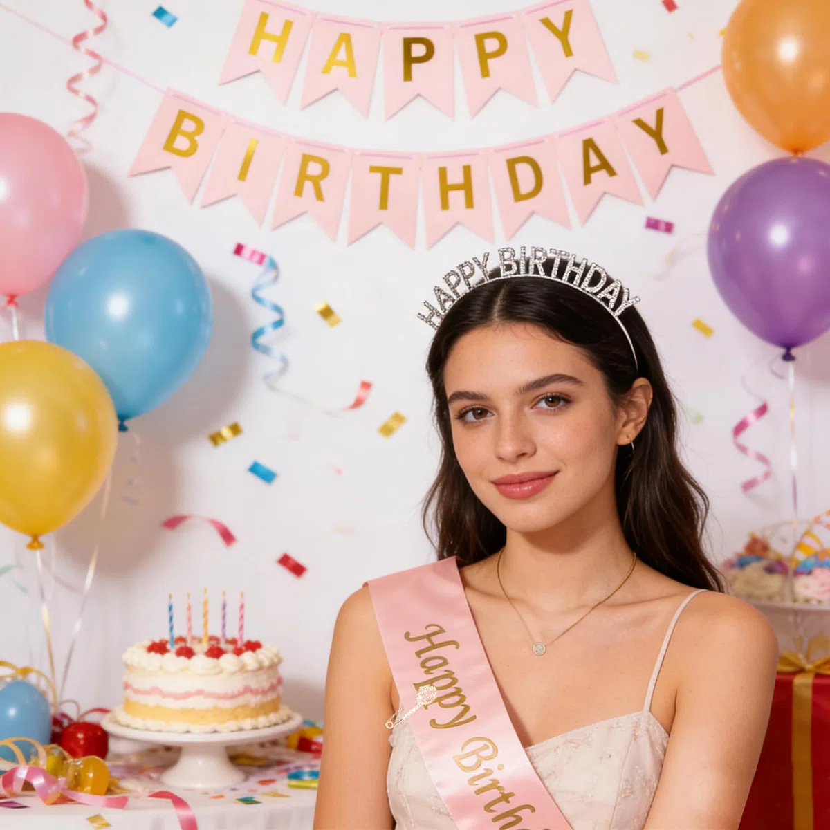 Kit Fascia e Coroncina Compleanno, Fascia e Corona Compleanno, Strass Tiara Corona, Fasce, Scritta Happy Birthday, Spilla Strass, per Ragazza Donna Decorazioni Compleanno Festa (Rosa)