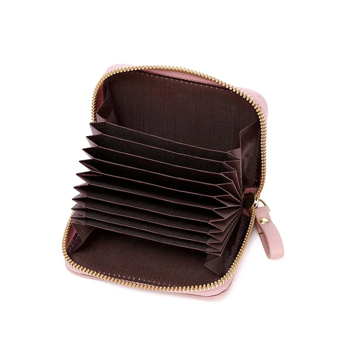 Porta carte di credito in pelle con blocco RFID, per carte di credito e banconote, con chiusura a zip in acciaio inox - Rosa