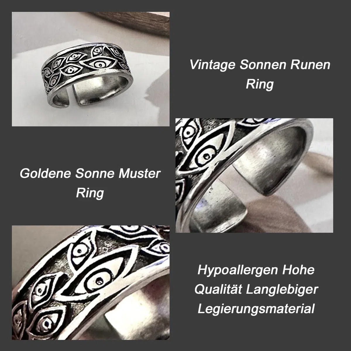 Anello da Uomo Regolabile Rune del Sole D'Oro Anello Aperto Vintage Vichingo Retrò da Pollice Gotico Gioielli Regali per Uomini Ragazzi Padre, Nero