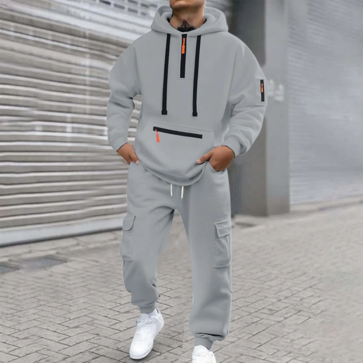 Set da jogging da uomo, 2 pezzi, felpa da jogging in maglia autunnale, morbida, sportiva, con scollo rotondo, tasche, calda, traspirante, confortevole, leggero, allenamento A110