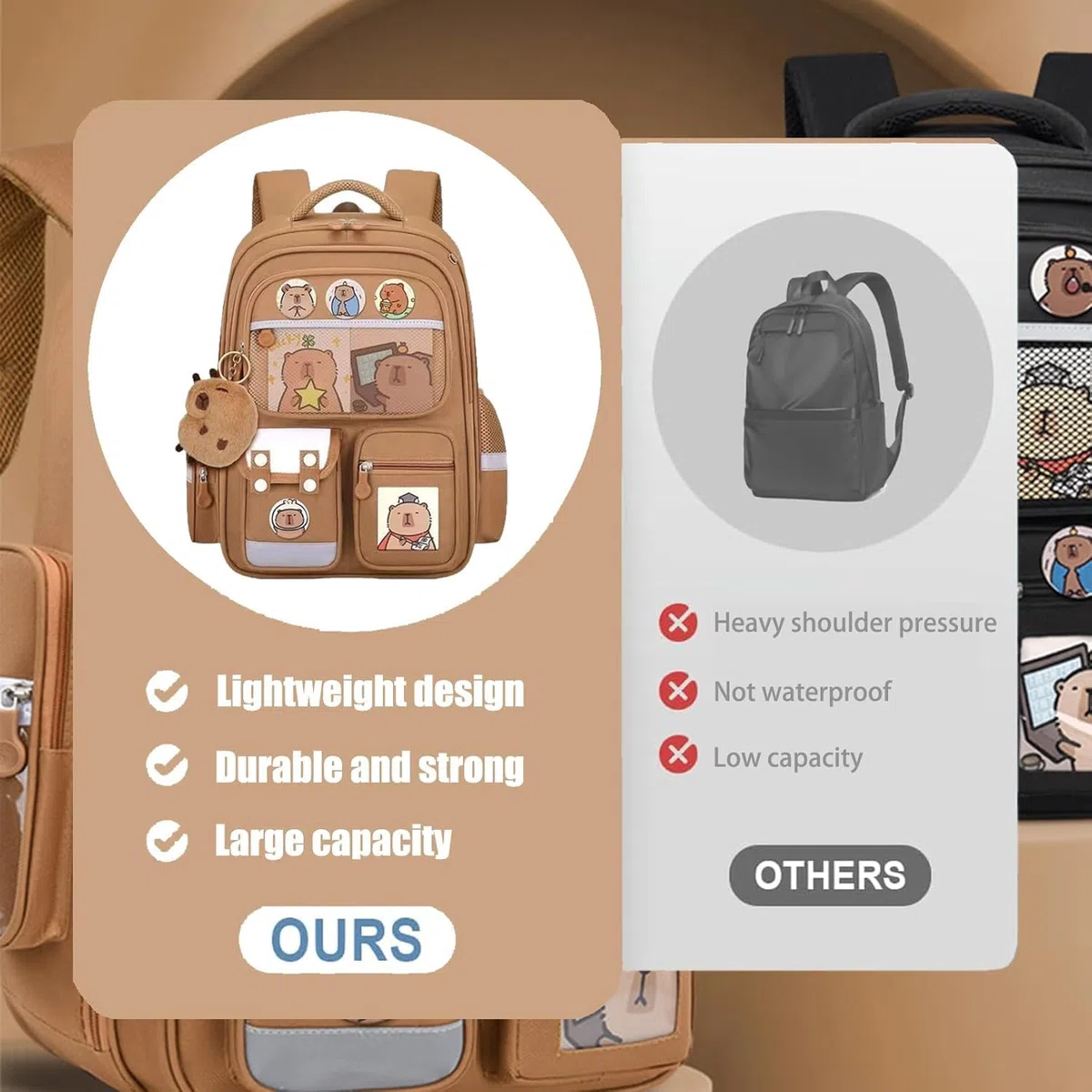 Zaino per Bambini Capibara, Zaino Capybara Kawaii per Bambine e Bambini, Borsa Scolastica Capybara con Set di Cancelleria, Regalo per Adolescenti e Studenti