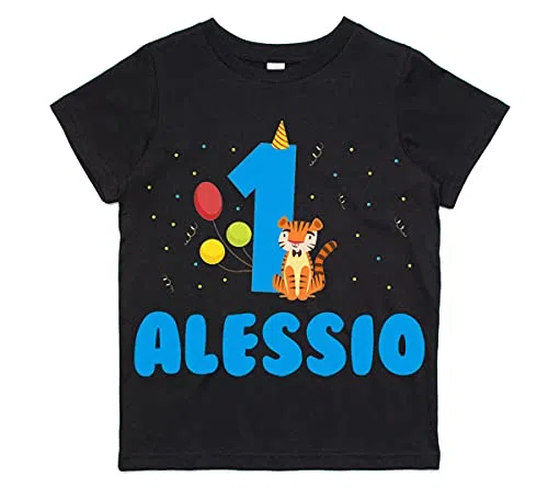 T-Shirt Maglietta Bimbo Bimba Primo Compleanno Uno, 1 Anno, Tigre Giungla Safari! Personalizzata con Nome! (Taglia 1 Anno)