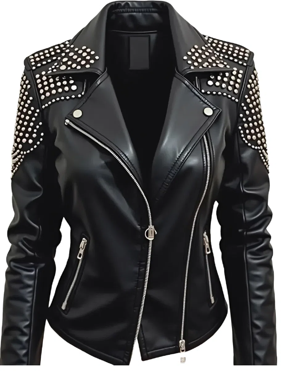 Giacca da donna in pelle nera con borchie - Capispalla classico stile moto punk rock