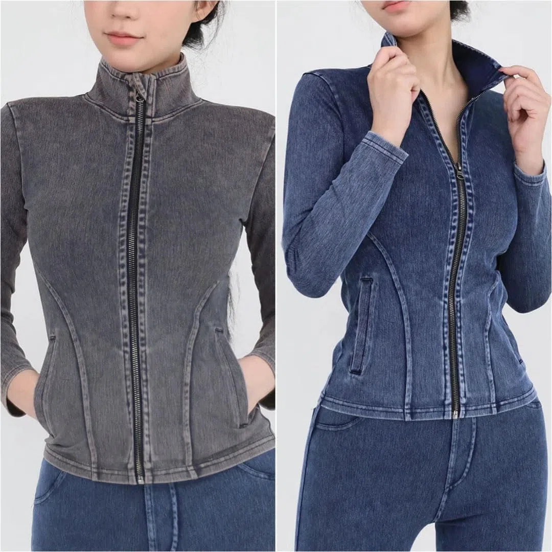 Top da donna in denim a maniche lunghe elasticizzato con cerniera intera, vestibilità aderente, con tasche, casual, con cerniera, abbigliamento sportivo per palestra e yoga, Blu scuro, XXL