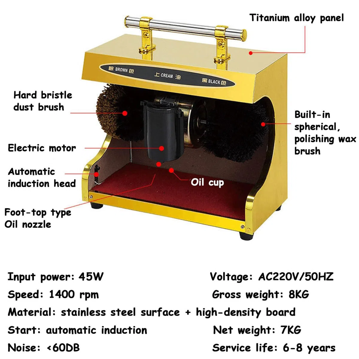 Macchina Automatica Lucidascarpe, Lucidatrice Elettrica da 45W con Sensore Automatico e Dispenser per Lucido - Lucidatrice per Scarpe 1400RPM per Casa, Ufficio, Hotel e Banca black
