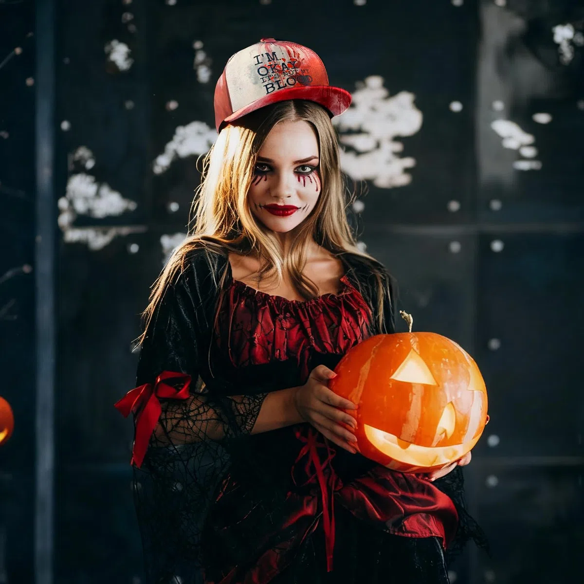 Cappellini da Baseball Halloween con Macchie di Sangue, I'm Ok, It's Not My Blood Cappellino Horror, Cappello da Baseball Unisex, Accessorio Cosplay per Festa Horror e Costumi