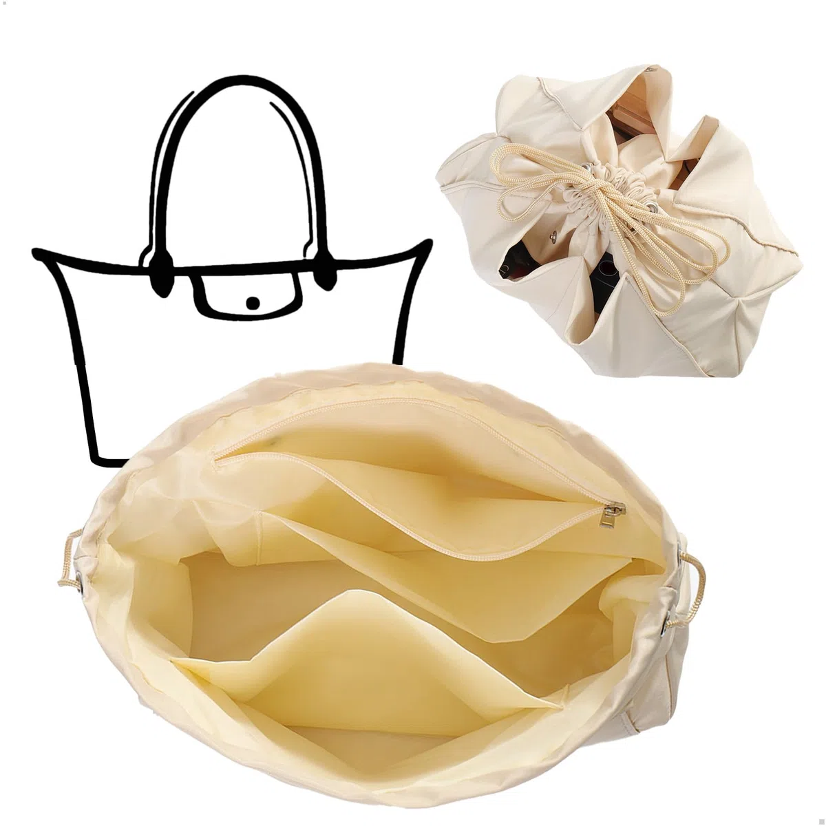Organizer Borsa Donna, Interno Organizer Borse con Scomparti Multipli e Zip, Organizzatore per Telefoni Cellulari Chiavi Rossetto Tazze d'Acqua Bicchieri, Raso Beige 24 * 17 * 10CM