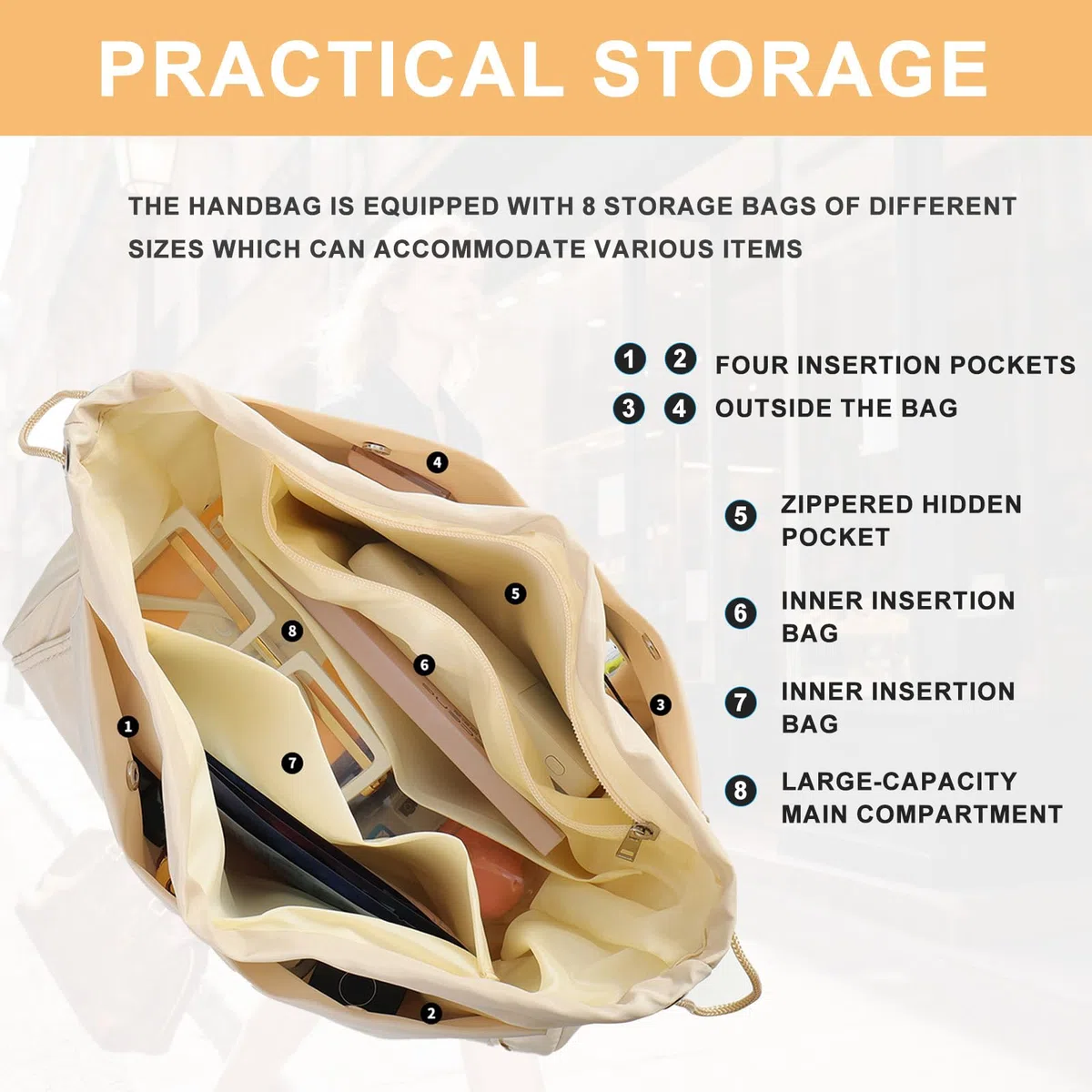 Organizer Borsa Donna, Interno Organizer Borse con Scomparti Multipli e Zip, Organizzatore per Telefoni Cellulari Chiavi Rossetto Tazze d'Acqua Bicchieri, Raso Beige 24 * 17 * 10CM