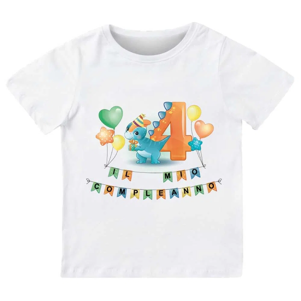 T-shirt in cotone adatto al compleanno 4 anni con tema dinosauro (Bianco, 3/4 anni)