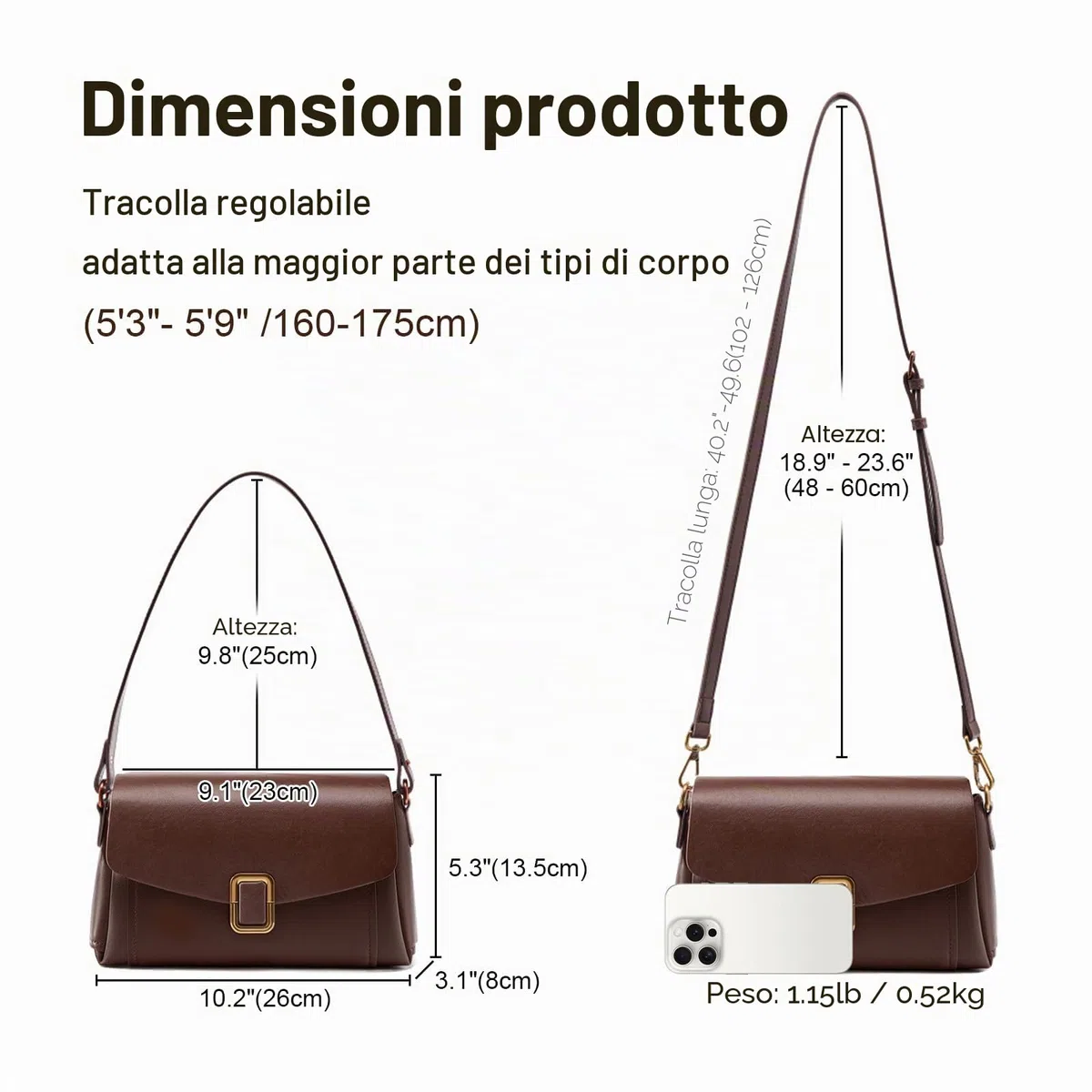 Borsa Tracolla Donna in Vera Pelle, Spallina Regolabile | Vera Pelle, 2 Tracolle Rimovibili, Stile Satchel, Compatta e Leggera, Per Viaggi, Uso Quotidiano, Lavoro e Regalo