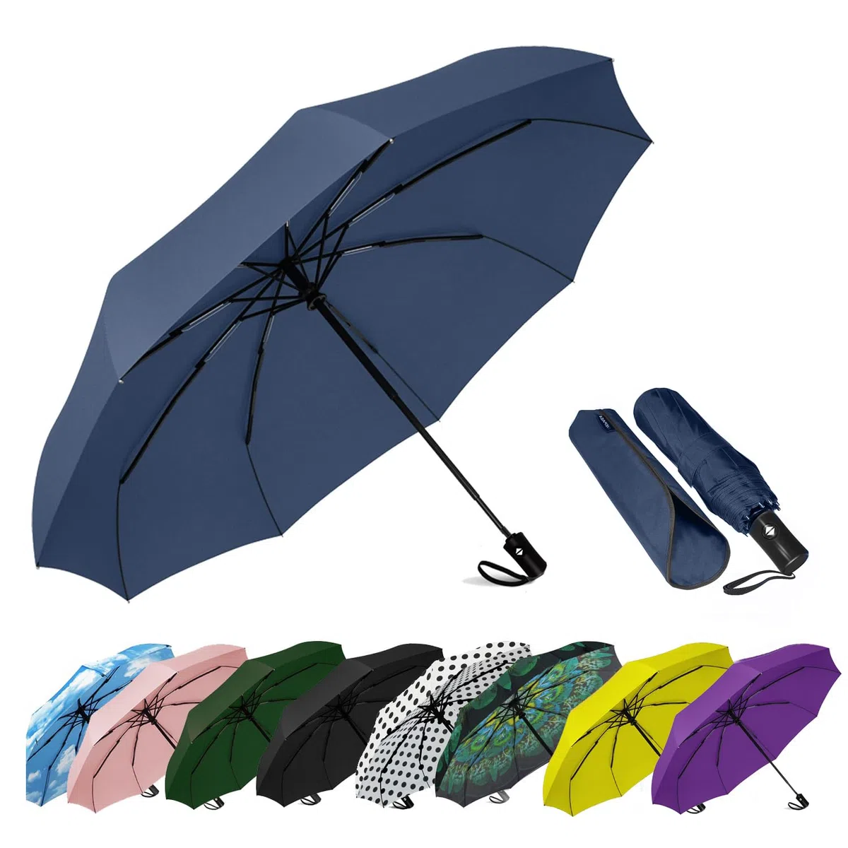 SIEPASA Ombrello compatto da viaggio, antivento, 8 costole, anti-UV, impermeabile, pieghevole, con rivestimento in telfon, un pulsante per apertura e chiusura automatica (blu navy)